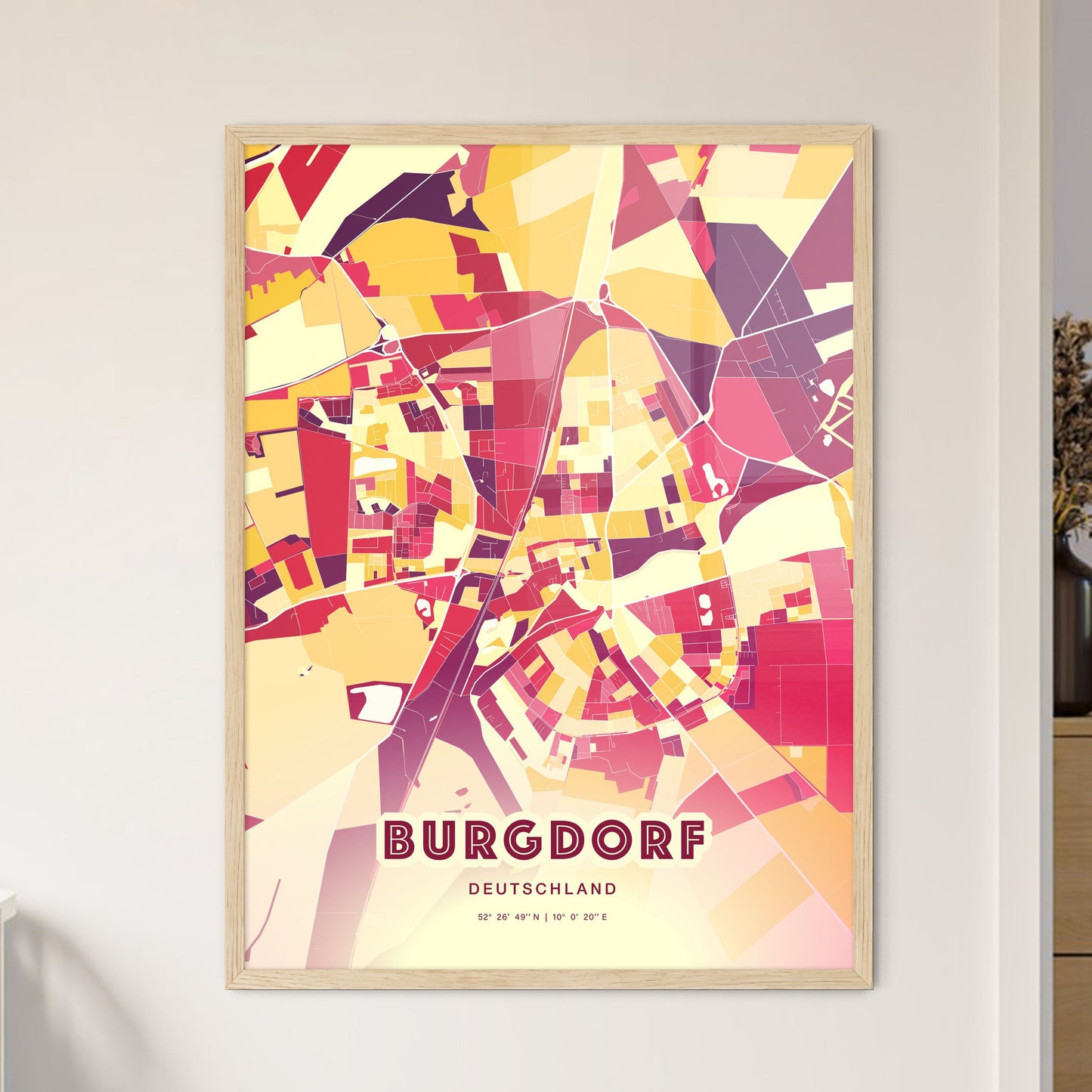 Colorful BURGDORF GERMANY Fine Art Map Hot Red