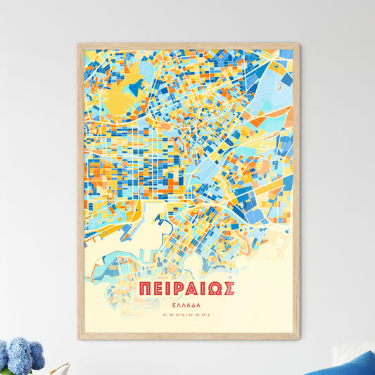 Colorful Piraeus Greece Fine Art Map Blue Orange