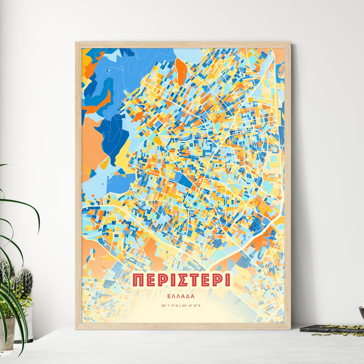 Colorful PERISTERI GREECE Fine Art Map Blue Orange