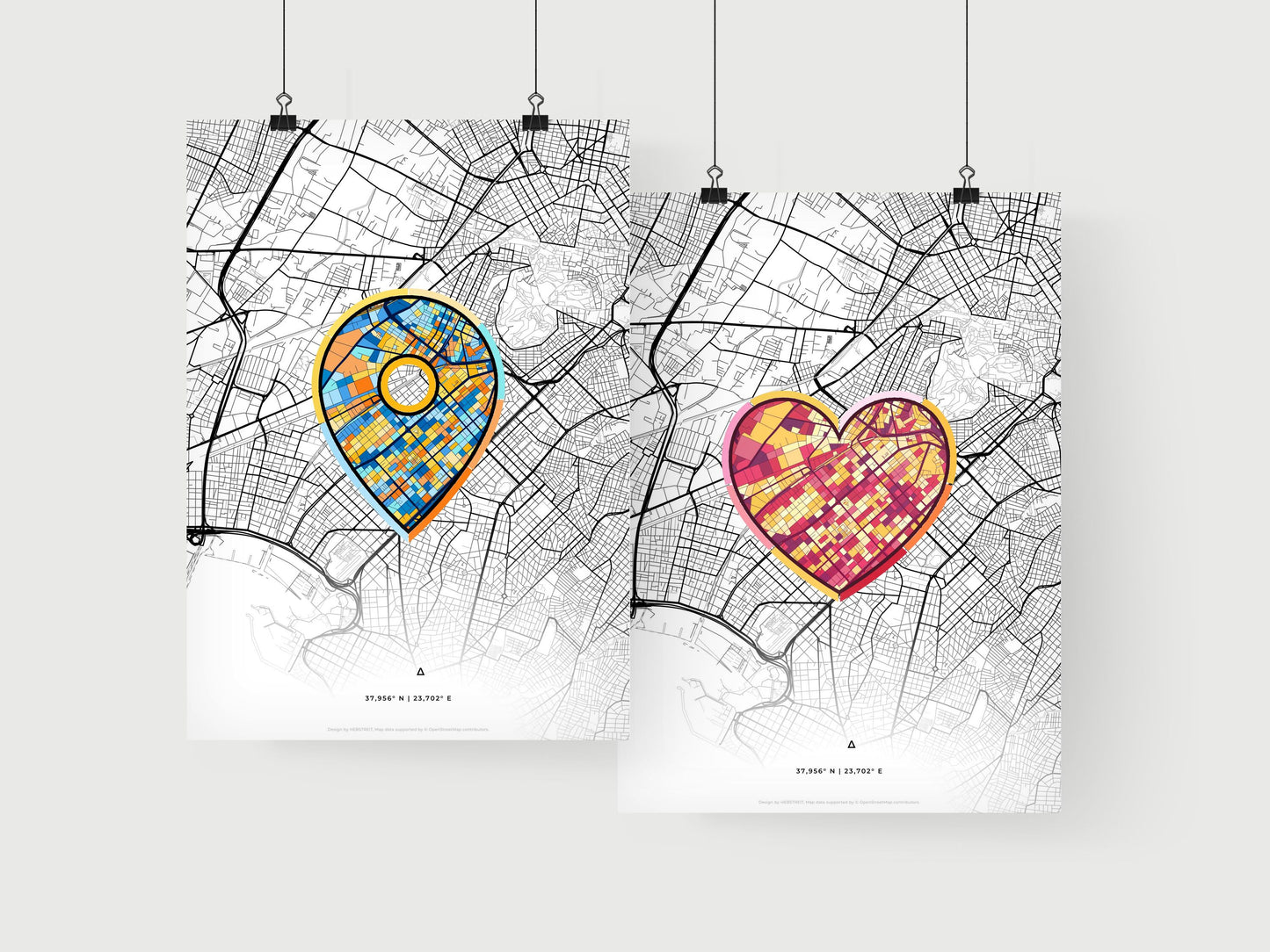 KALLITHEA GREECE minimal art map with a colorful icon. Where it all began, Couple map gift.