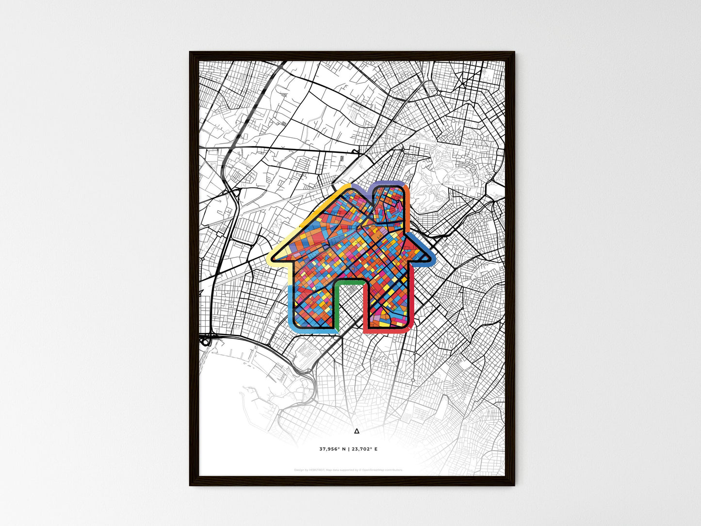 KALLITHEA GREECE minimal art map with a colorful icon. Where it all began, Couple map gift. Style 3