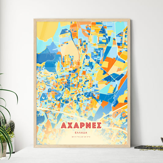 Colorful ACHARNES GREECE Fine Art Map Blue Orange