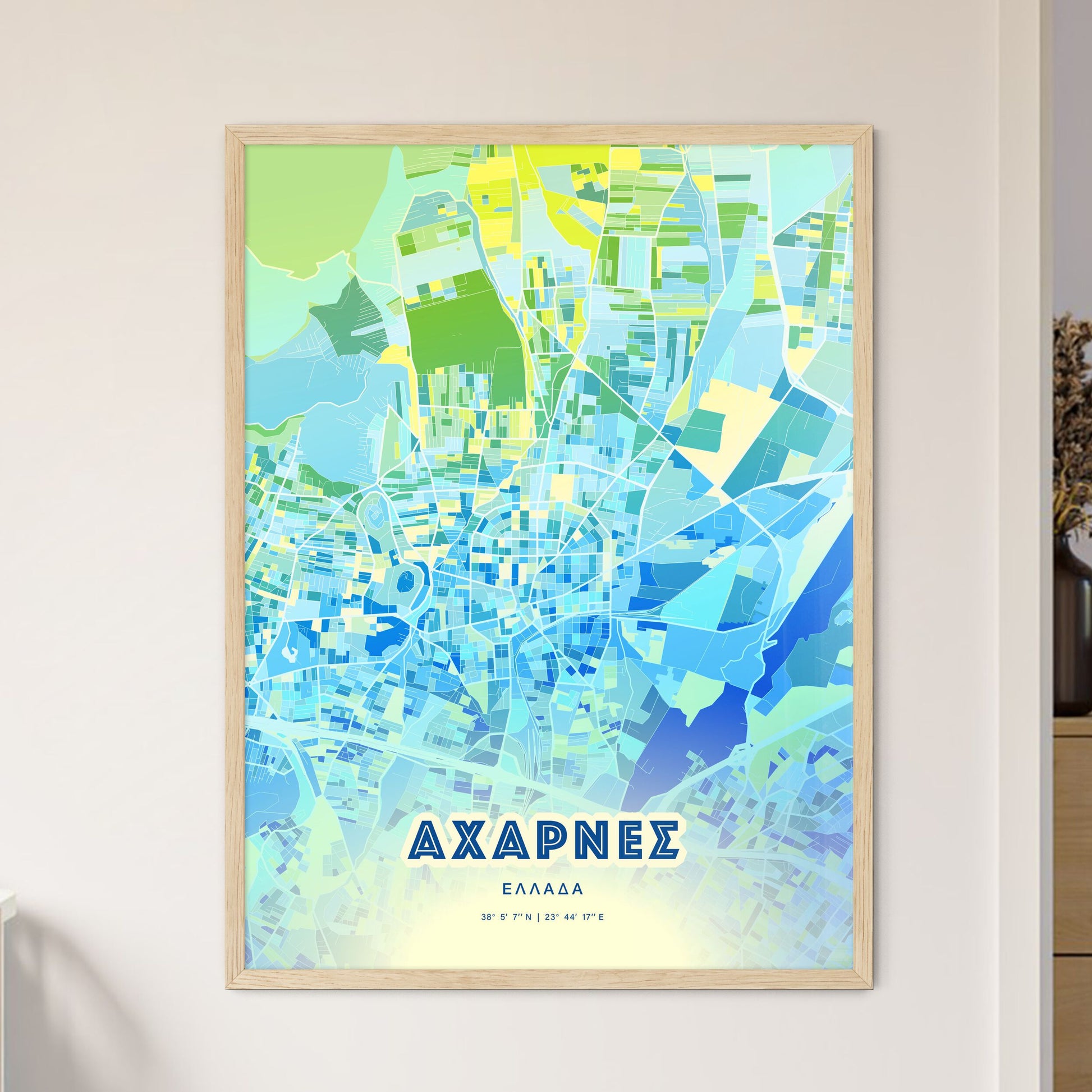 Colorful ACHARNES GREECE Fine Art Map Cool Blue