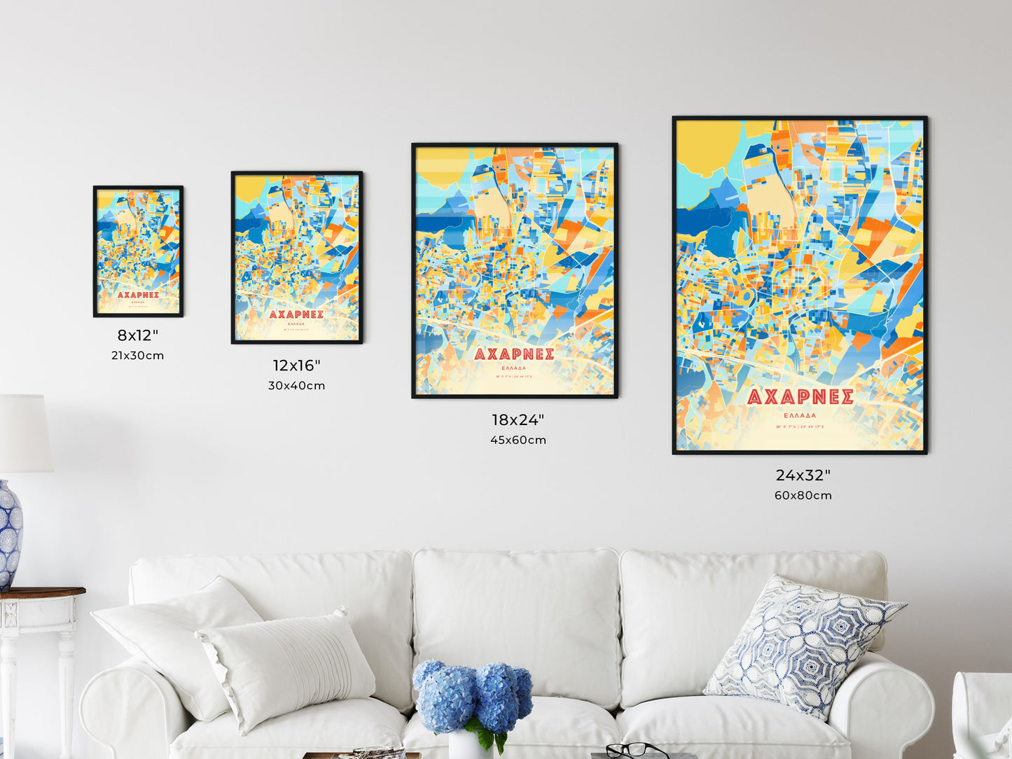 Colorful ACHARNES GREECE Fine Art Map Blue Orange