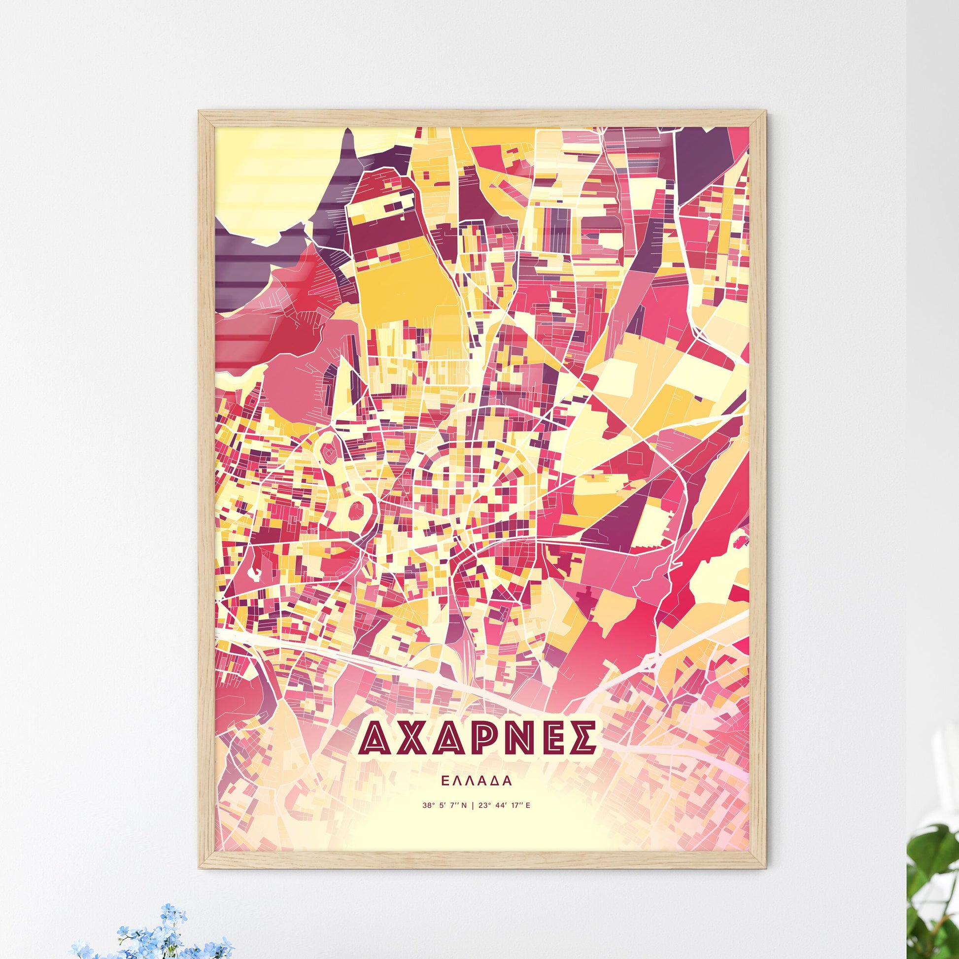 Colorful ACHARNES GREECE Fine Art Map Hot Red