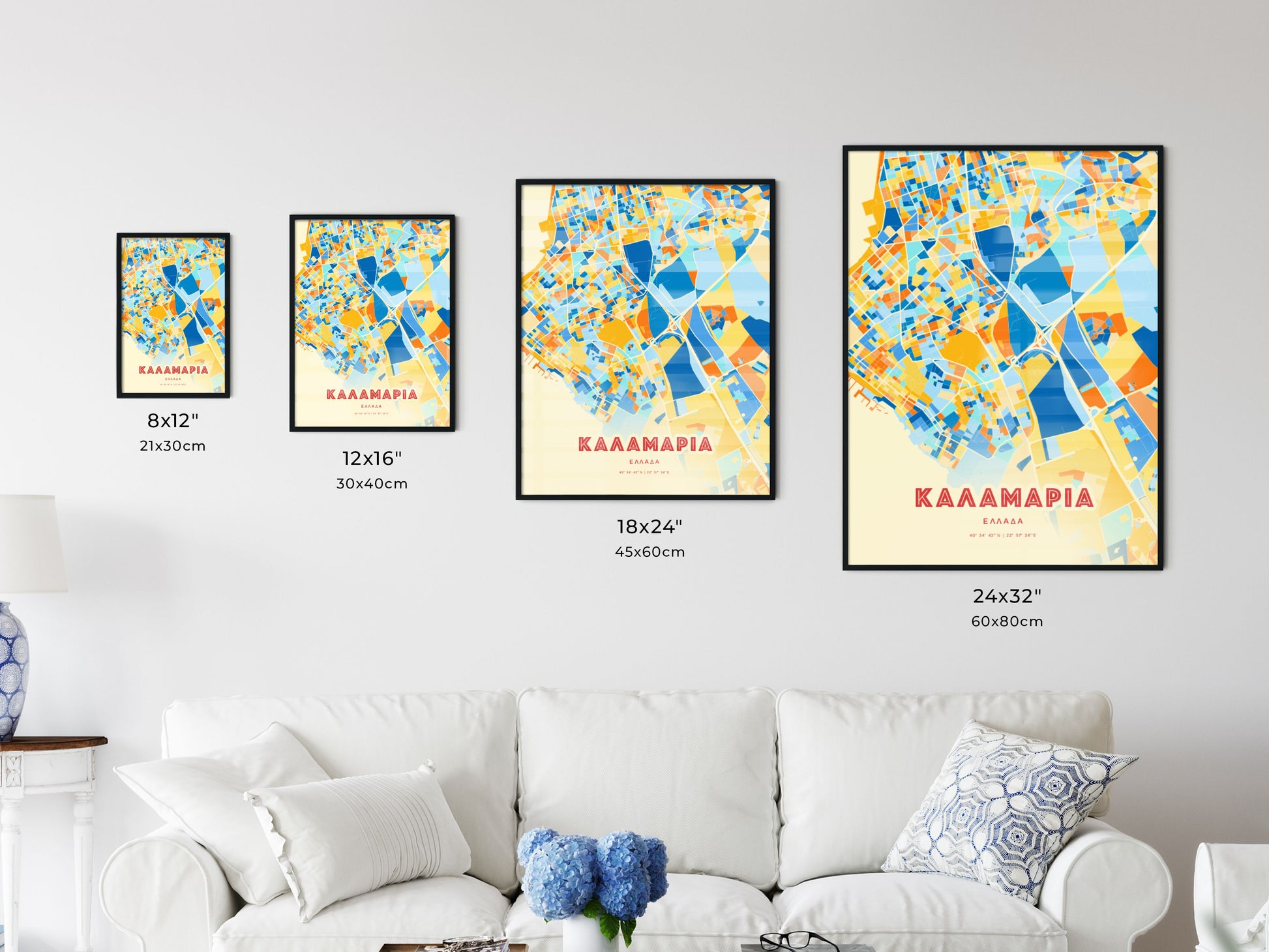 Colorful KALAMARIA GREECE Fine Art Map Blue Orange