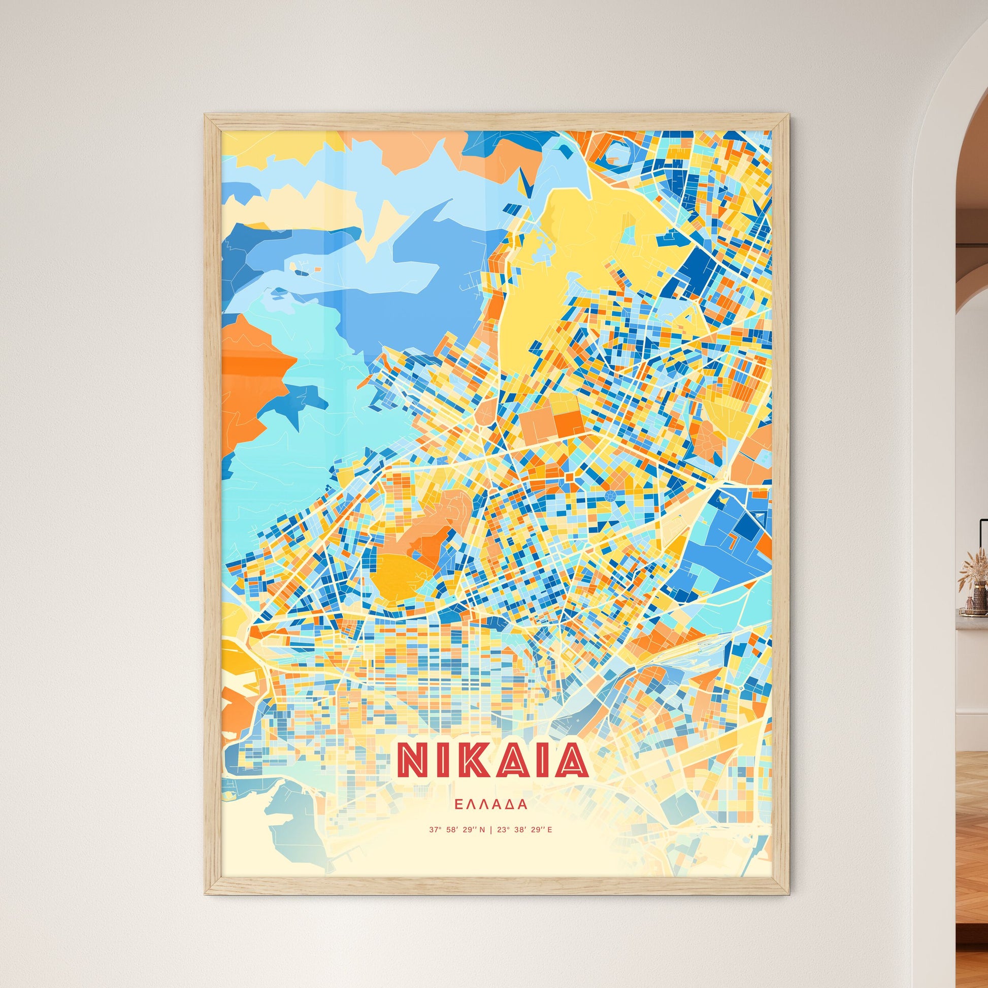 Colorful Nikaia Greece Fine Art Map Blue Orange