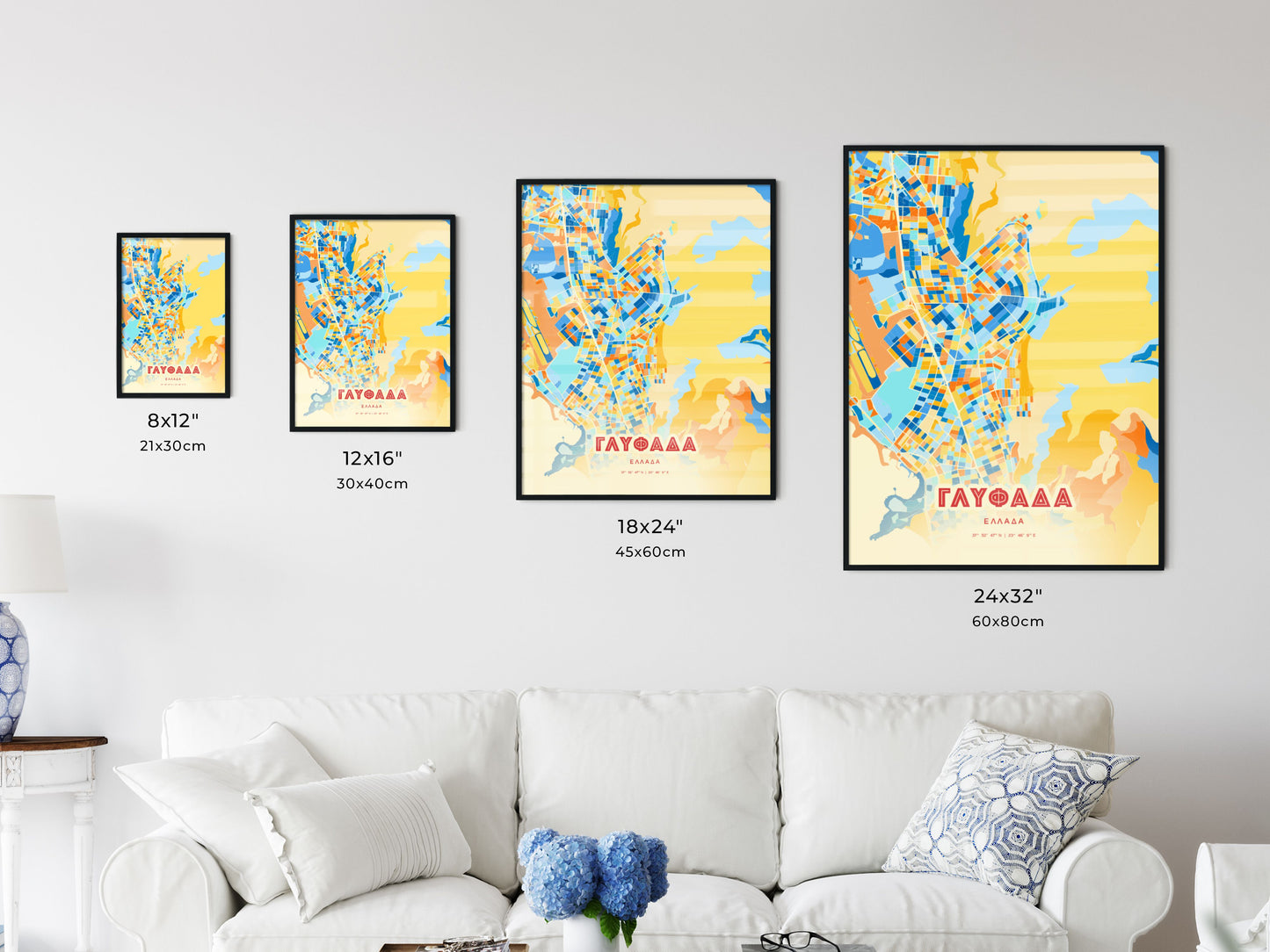 Colorful GLYFADA GREECE Fine Art Map Blue Orange