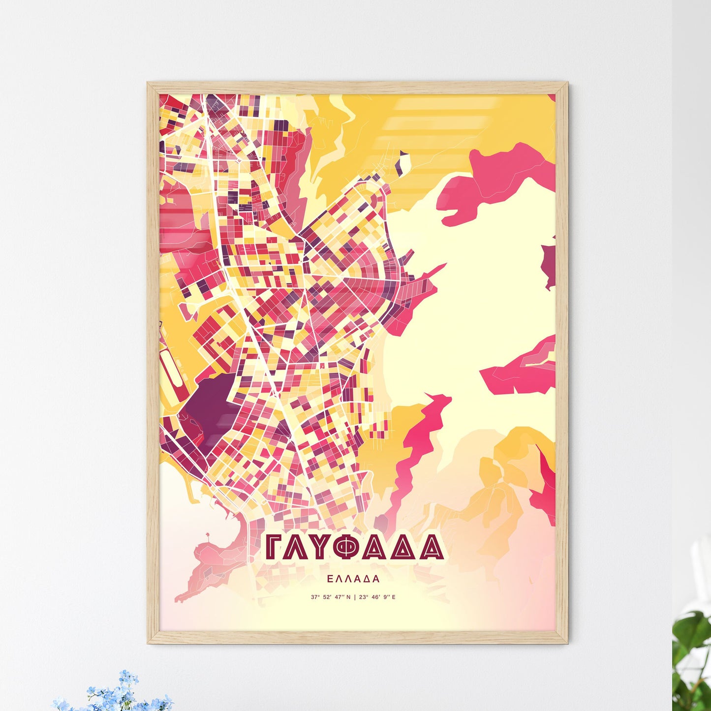 Colorful GLYFADA GREECE Fine Art Map Hot Red