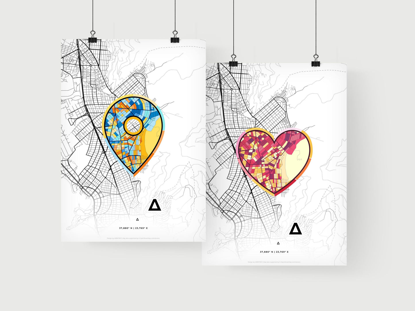 GLYFADA GREECE minimal art map with a colorful icon. Where it all began, Couple map gift.