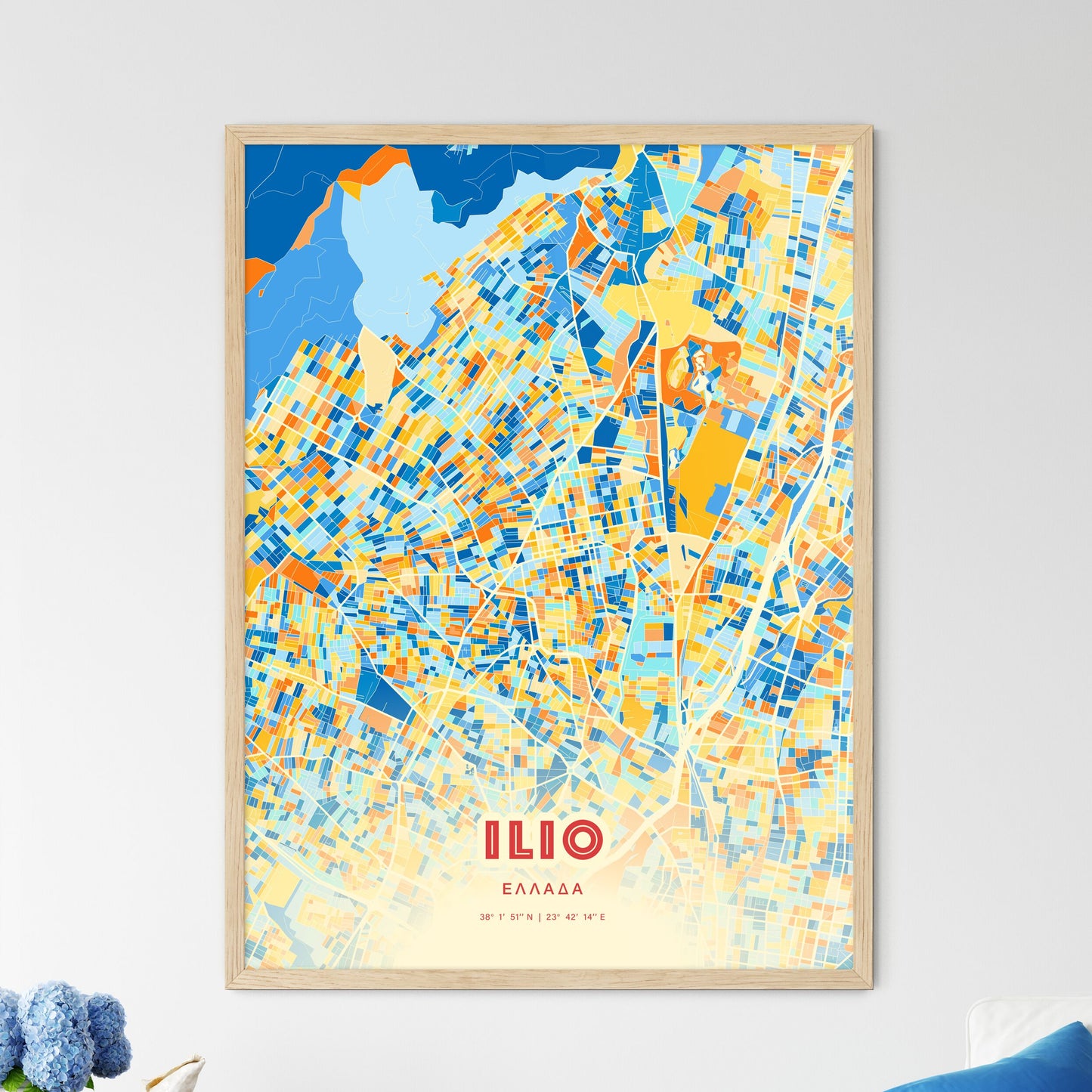 Colorful ILIO GREECE Fine Art Map Blue Orange