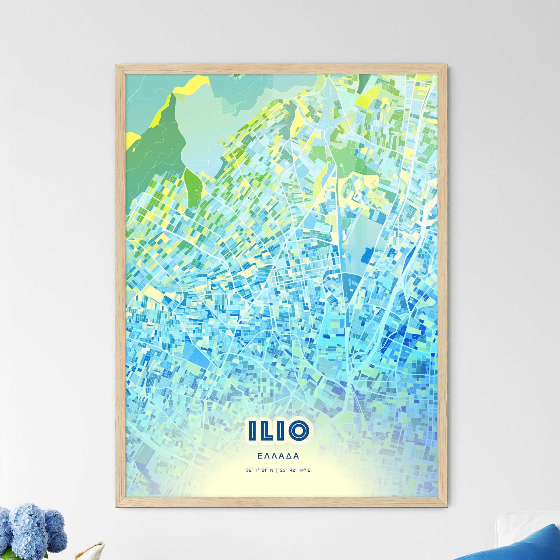 Colorful ILIO GREECE Fine Art Map Cool Blue