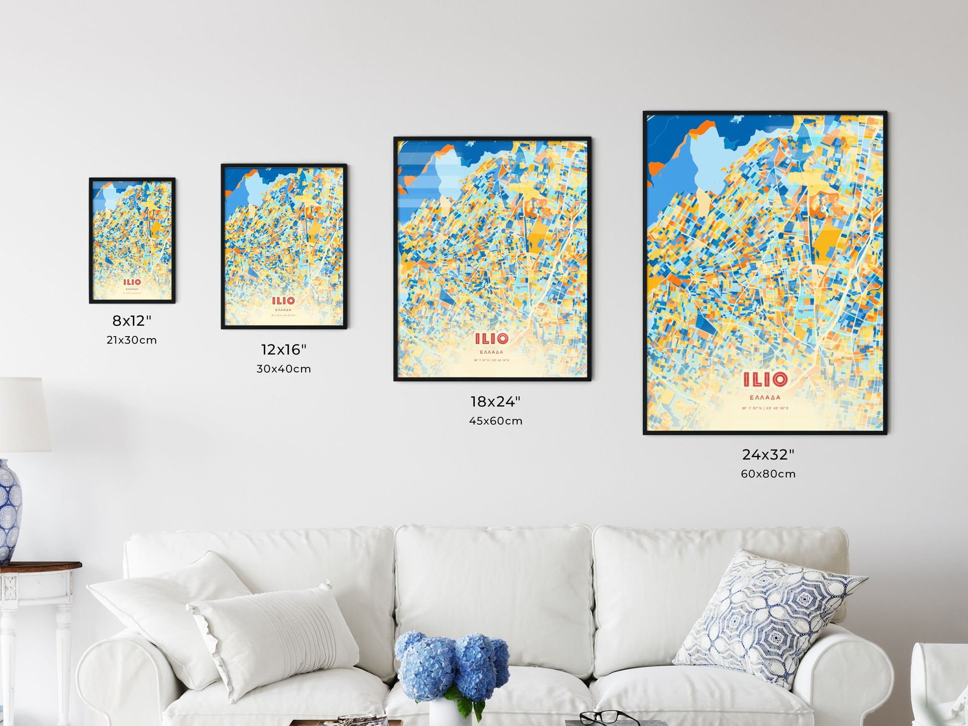 Colorful ILIO GREECE Fine Art Map Blue Orange