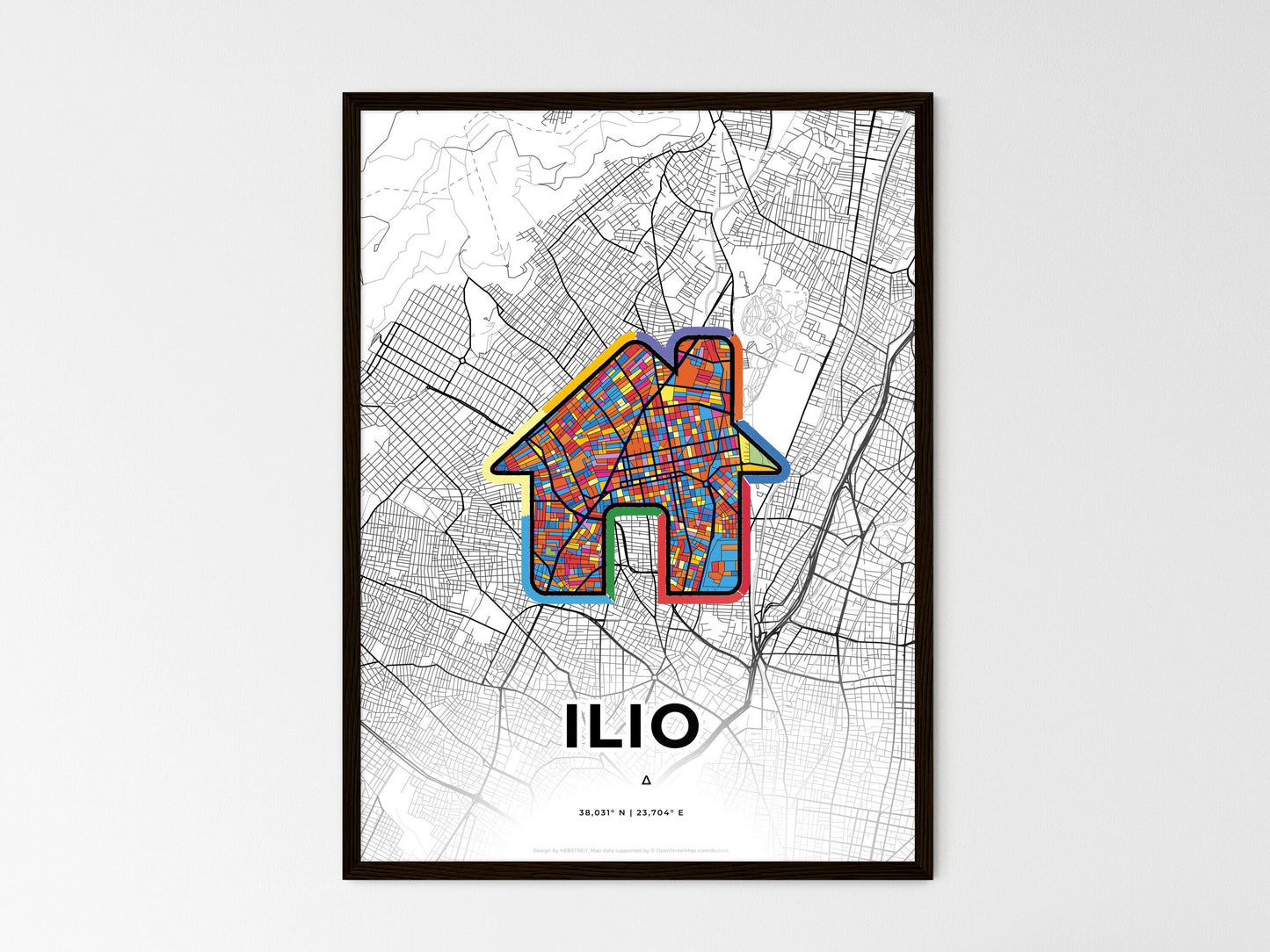 ILIO GREECE minimal art map with a colorful icon. Where it all began, Couple map gift. Style 3