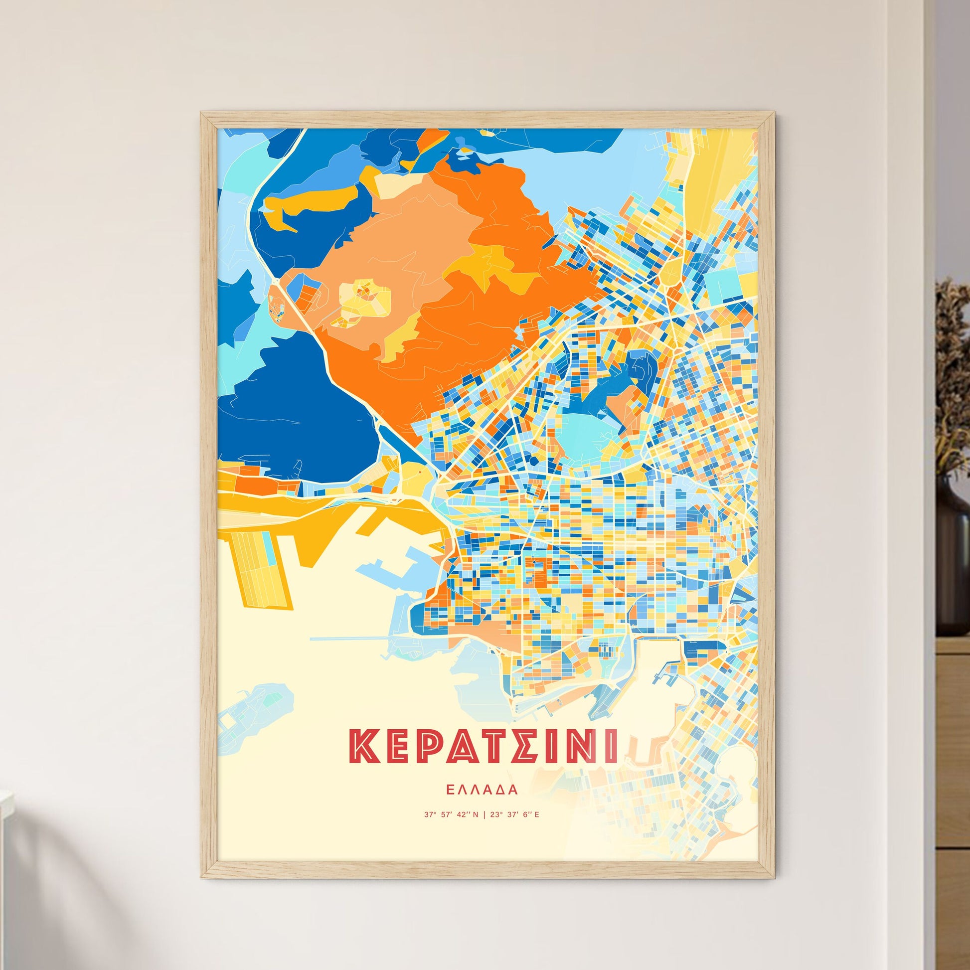Colorful Keratsini Greece Fine Art Map Blue Orange