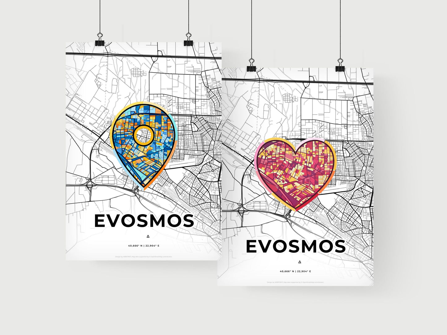 EVOSMOS GREECE minimal art map with a colorful icon. Where it all began, Couple map gift.