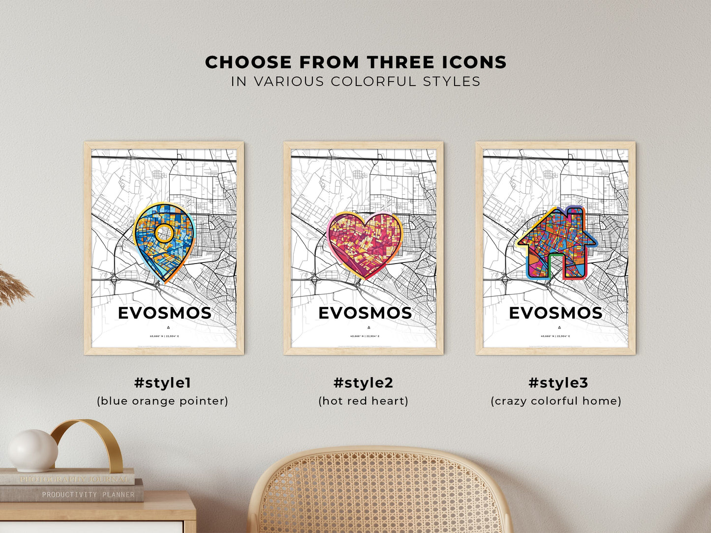 EVOSMOS GREECE minimal art map with a colorful icon. Where it all began, Couple map gift.