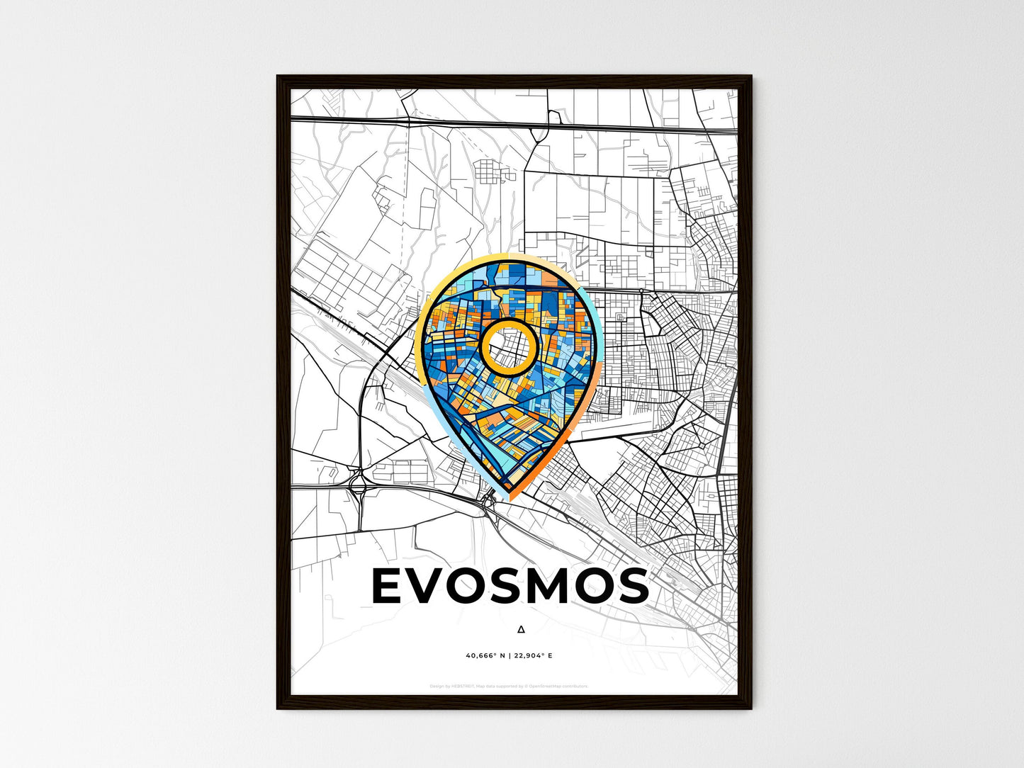 EVOSMOS GREECE minimal art map with a colorful icon. Where it all began, Couple map gift. Style 1