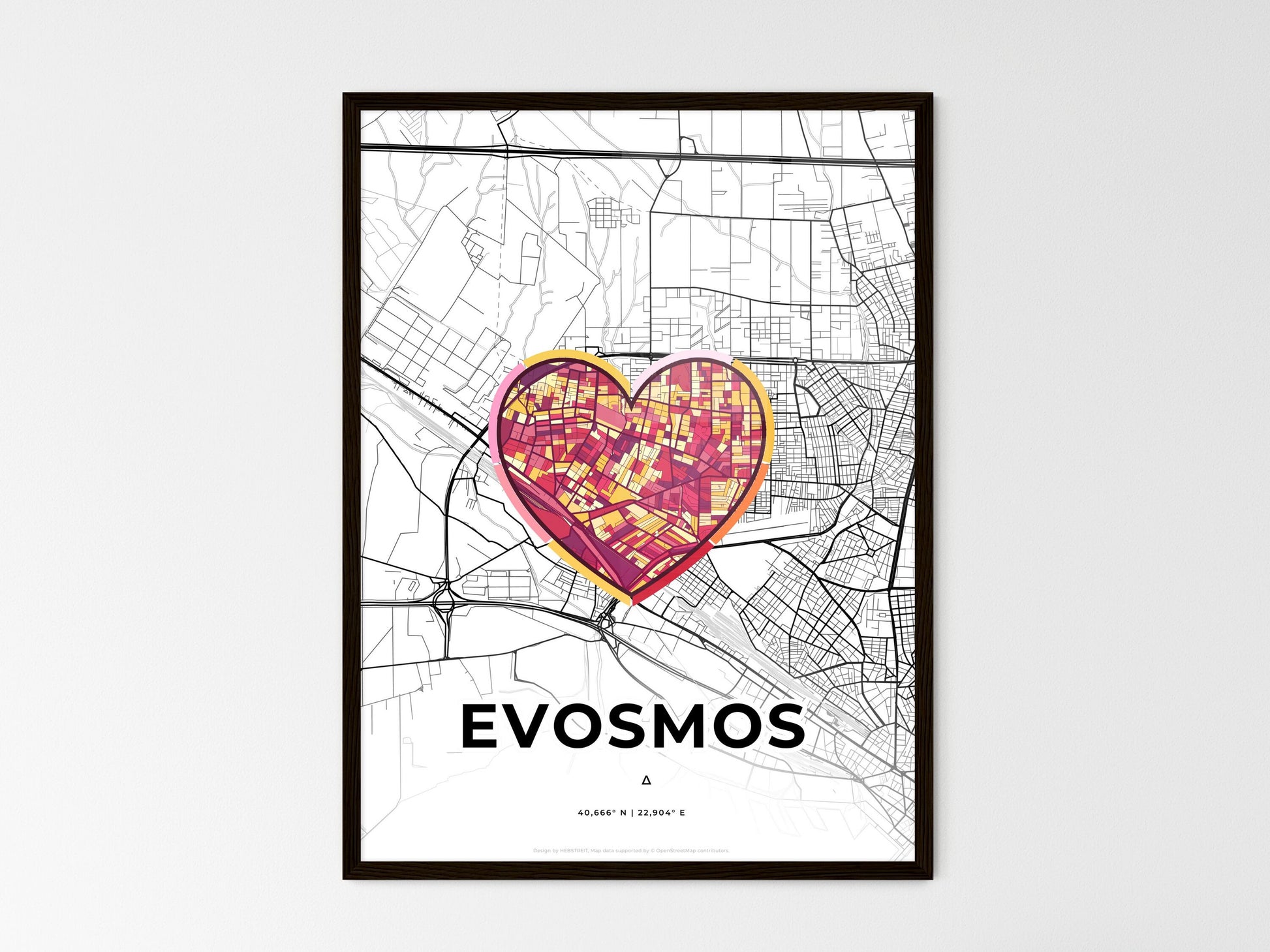 EVOSMOS GREECE minimal art map with a colorful icon. Where it all began, Couple map gift. Style 2