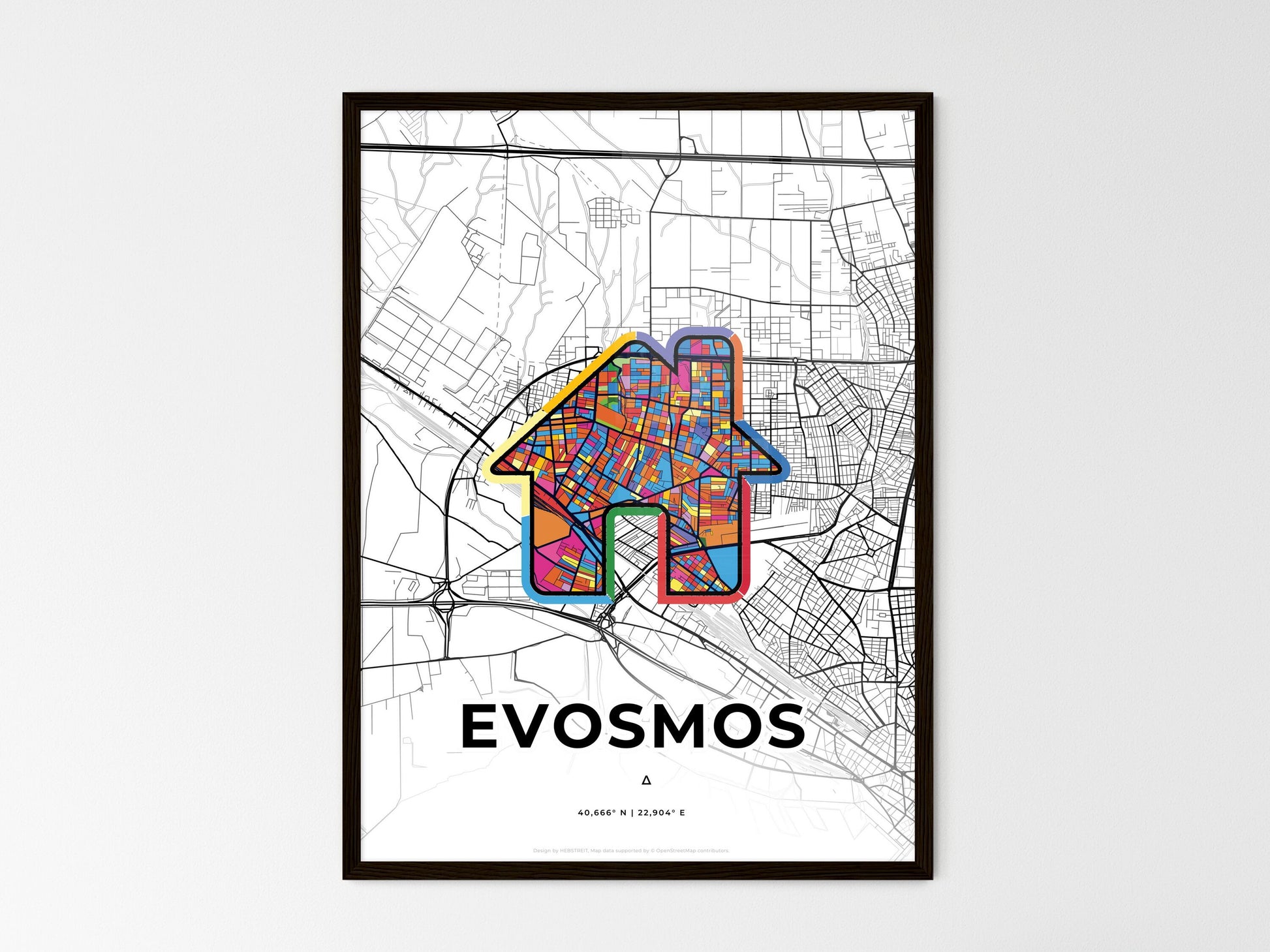EVOSMOS GREECE minimal art map with a colorful icon. Where it all began, Couple map gift. Style 3