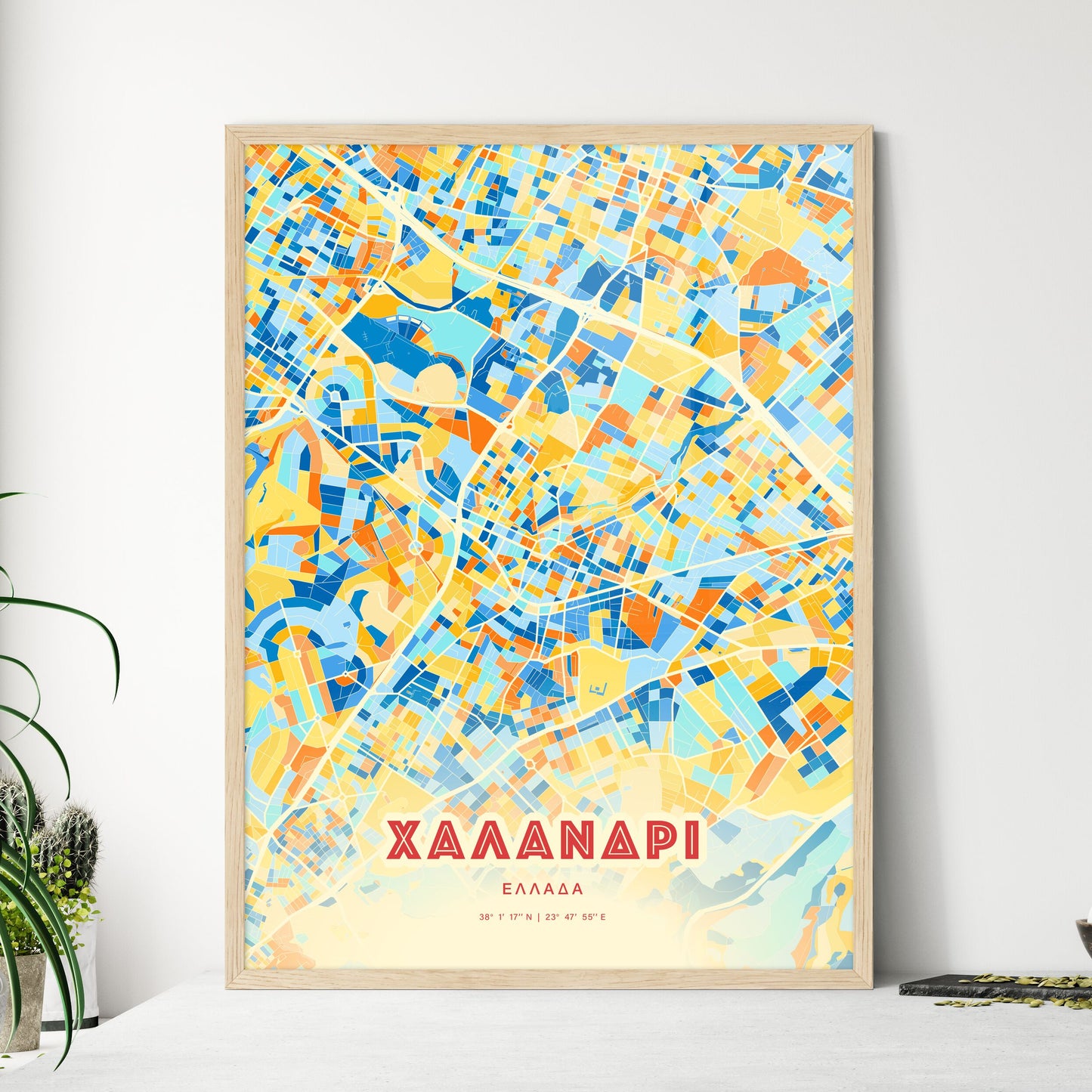 Colorful CHALANDRI GREECE Fine Art Map Blue Orange