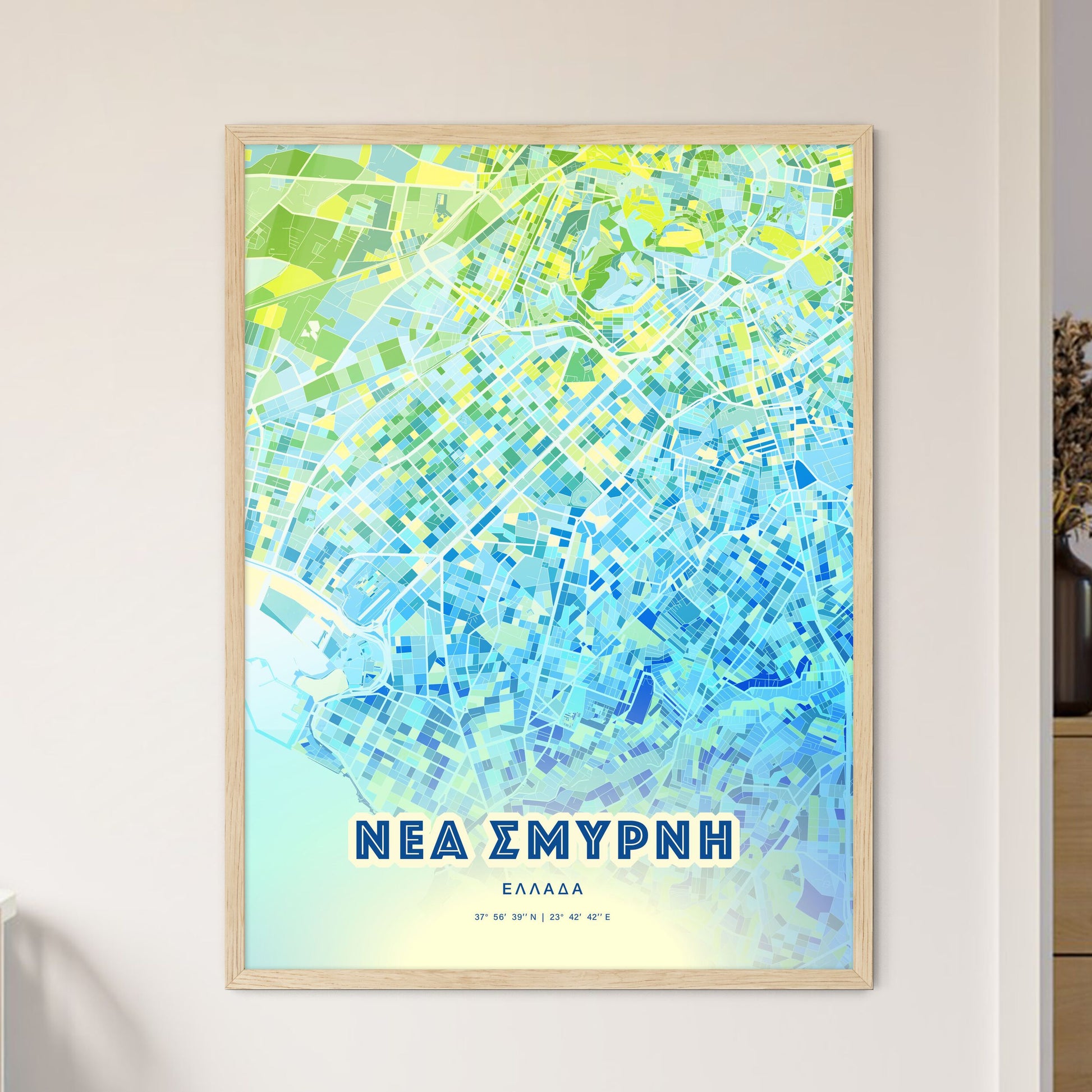 Colorful NEA SMYRNI GREECE Fine Art Map Cool Blue