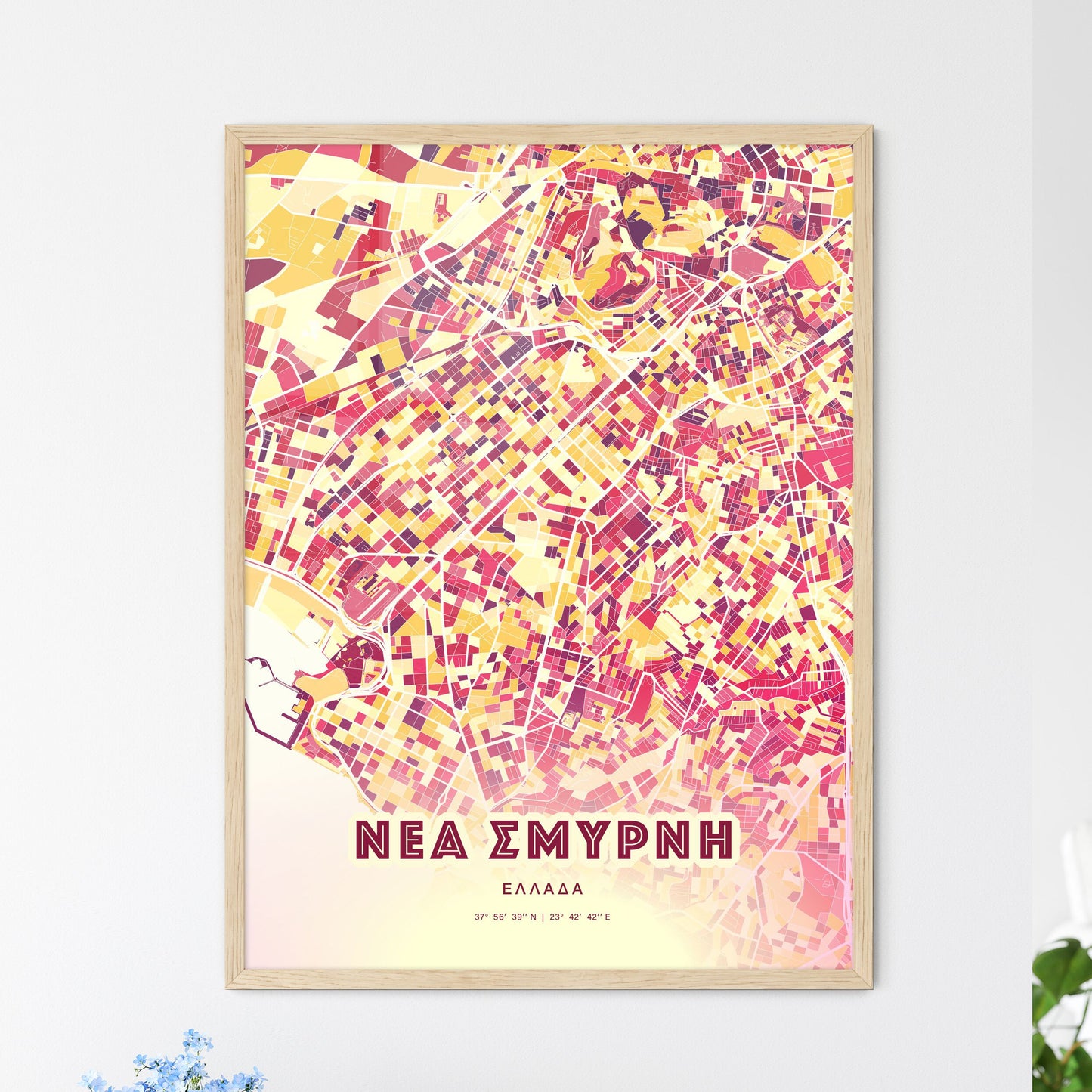 Colorful NEA SMYRNI GREECE Fine Art Map Hot Red