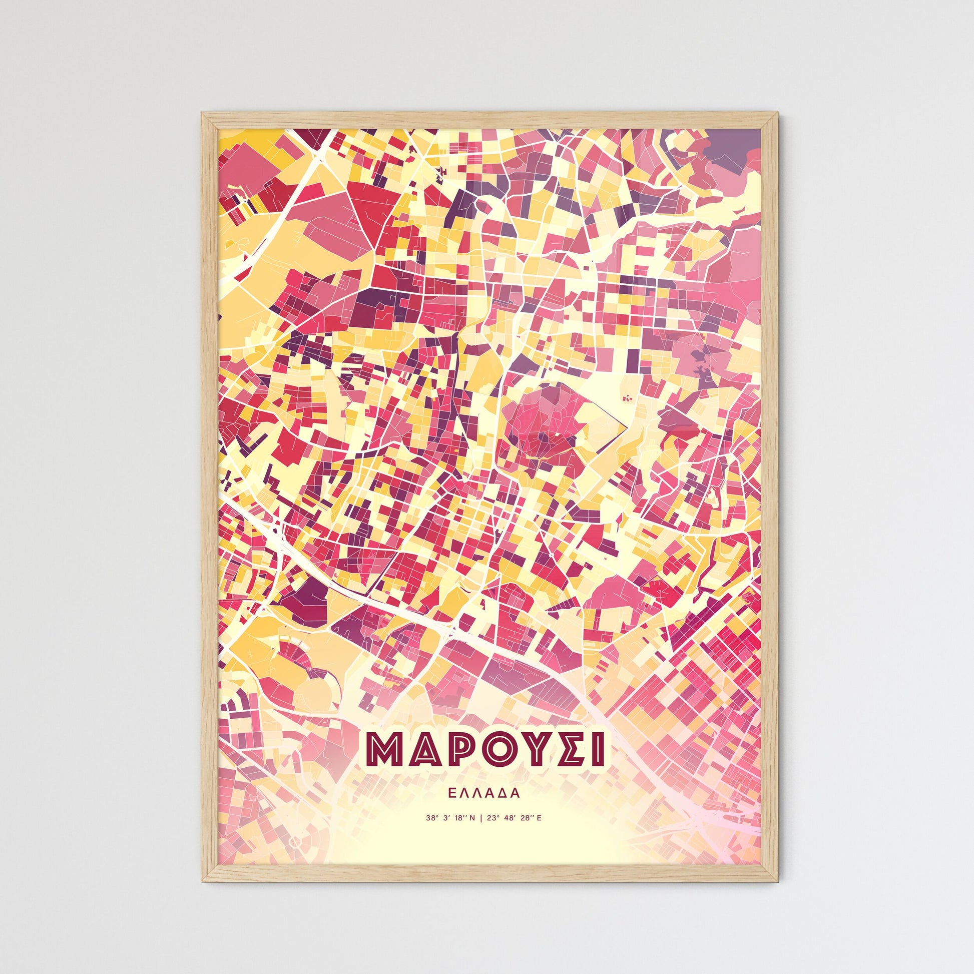 Colorful MAROUSI GREECE Fine Art Map Hot Red