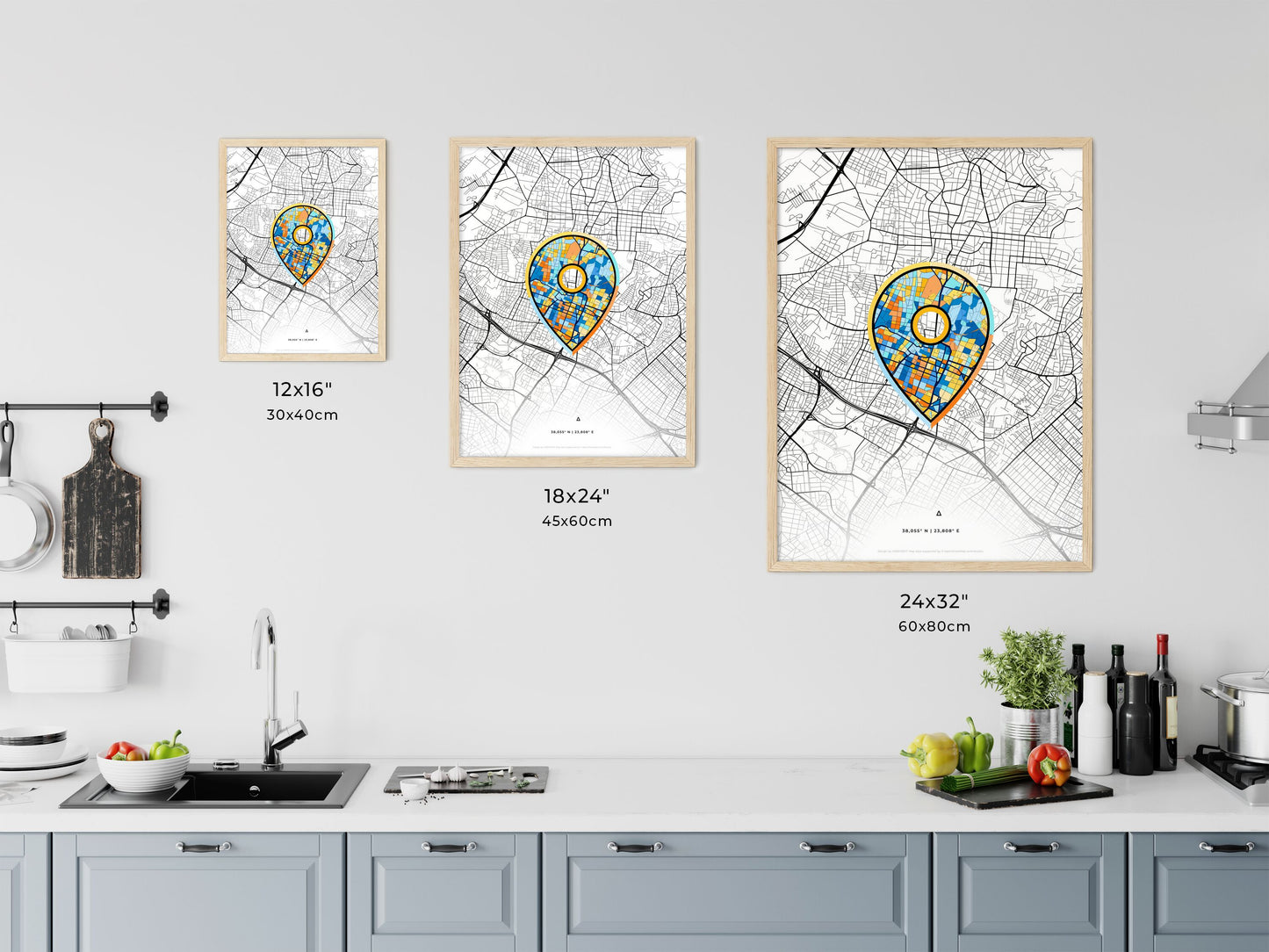 MAROUSI GREECE minimal art map with a colorful icon. Where it all began, Couple map gift.