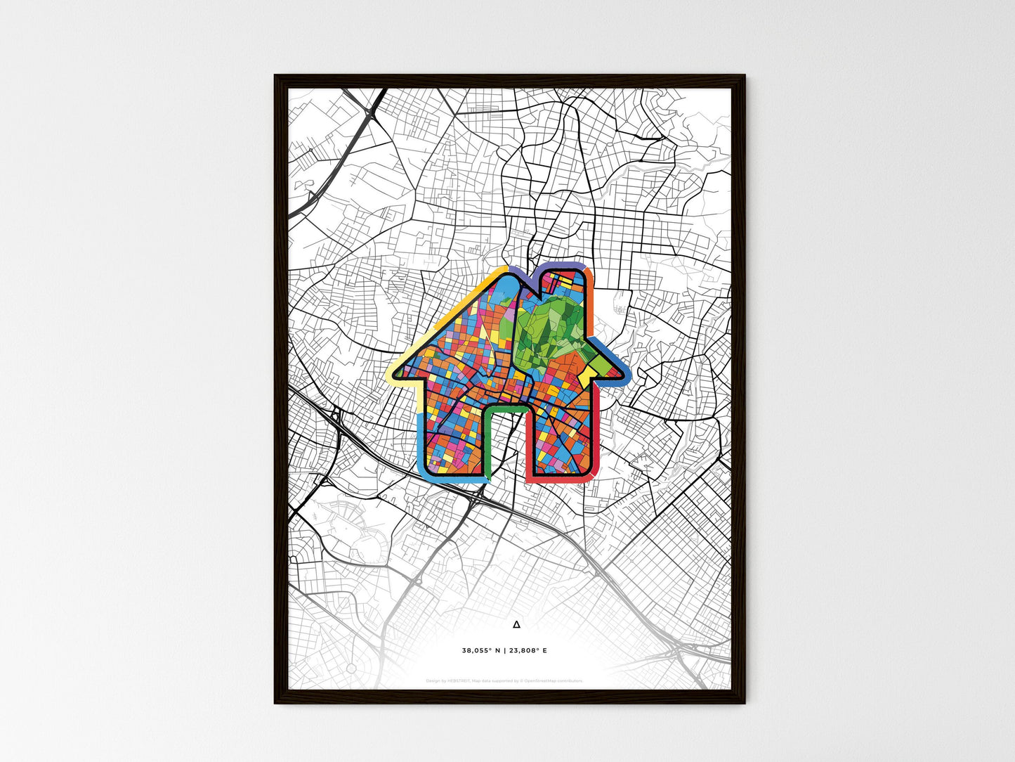 MAROUSI GREECE minimal art map with a colorful icon. Where it all began, Couple map gift. Style 3