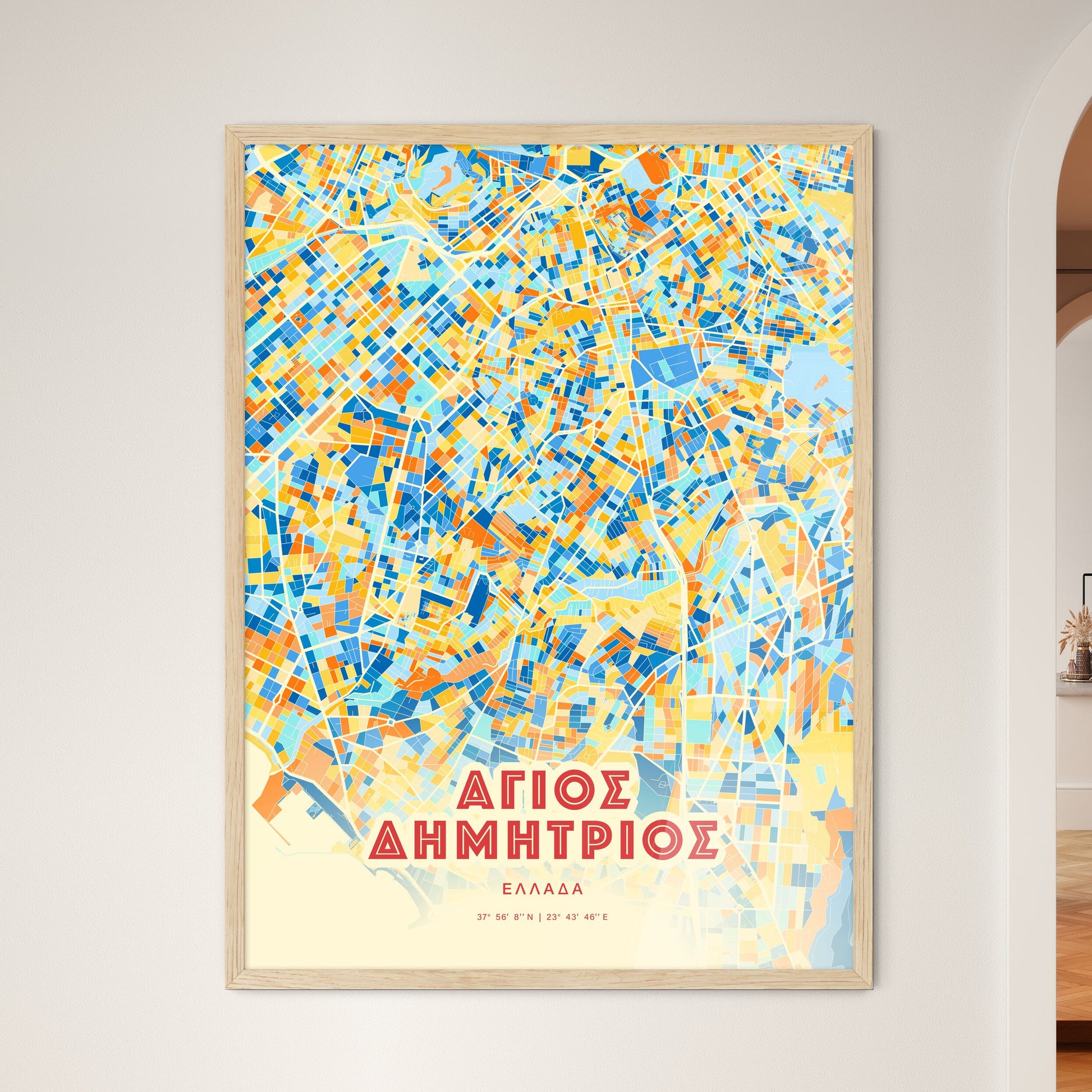 Colorful Agios Dimitrios Greece Fine Art Map Blue Orange