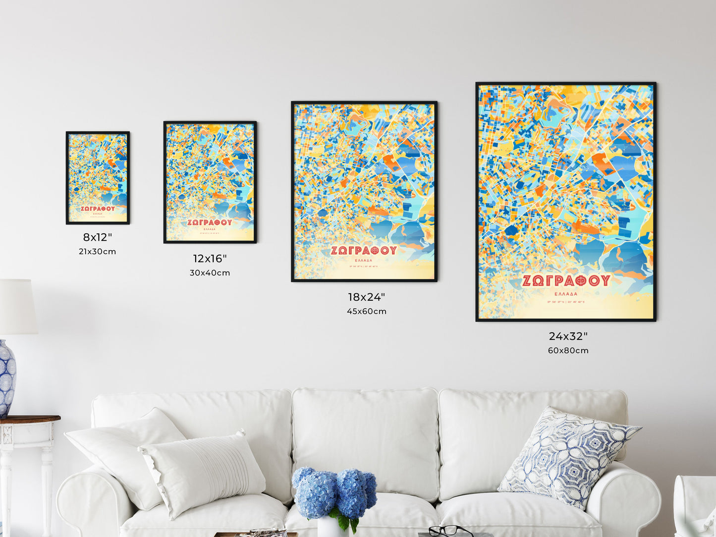 Colorful ZOGRAFOU GREECE Fine Art Map Blue Orange