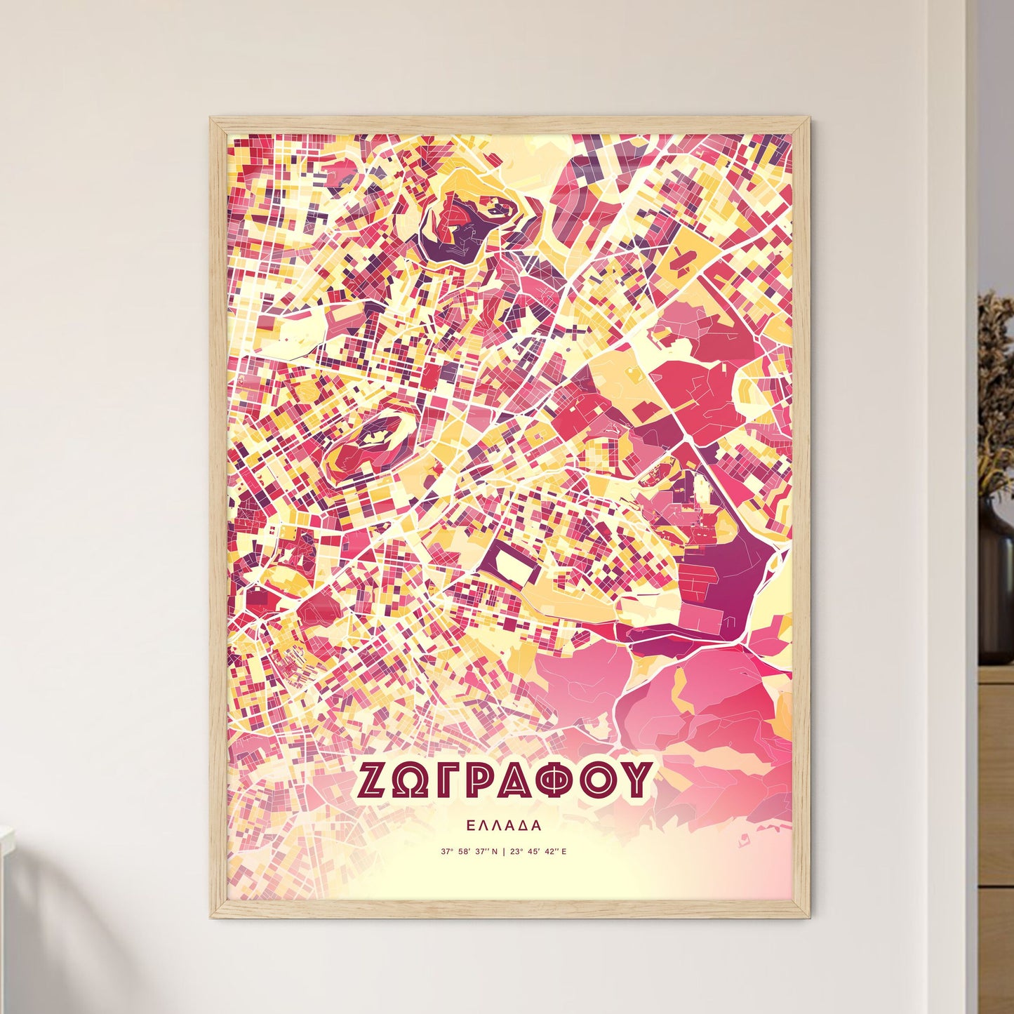 Colorful ZOGRAFOU GREECE Fine Art Map Hot Red