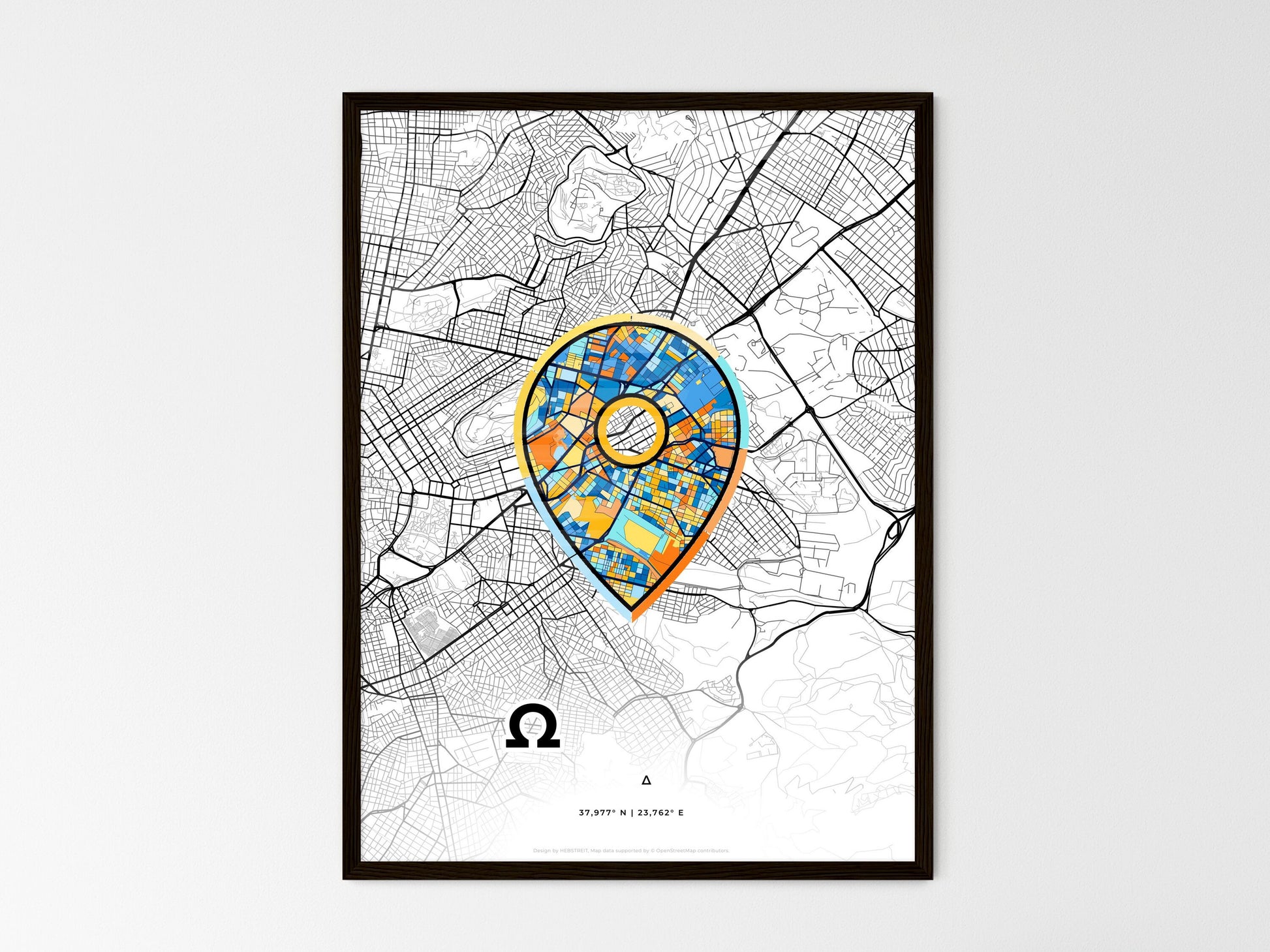 ZOGRAFOU GREECE minimal art map with a colorful icon. Where it all began, Couple map gift. Style 1