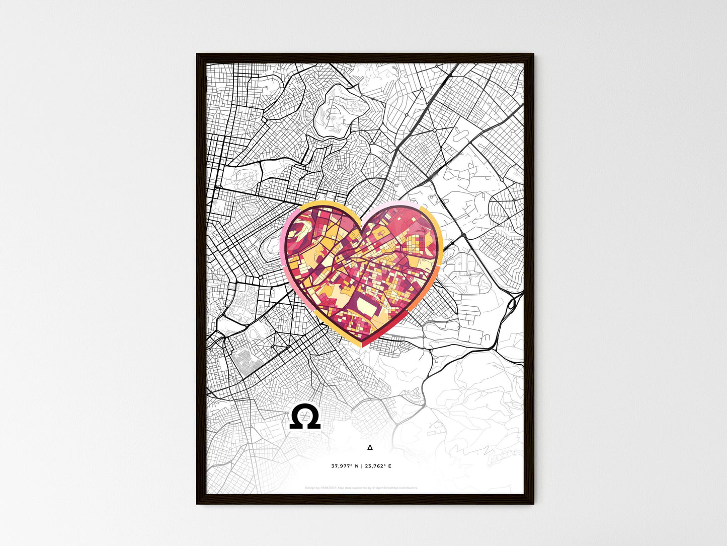 ZOGRAFOU GREECE minimal art map with a colorful icon. Where it all began, Couple map gift. Style 2