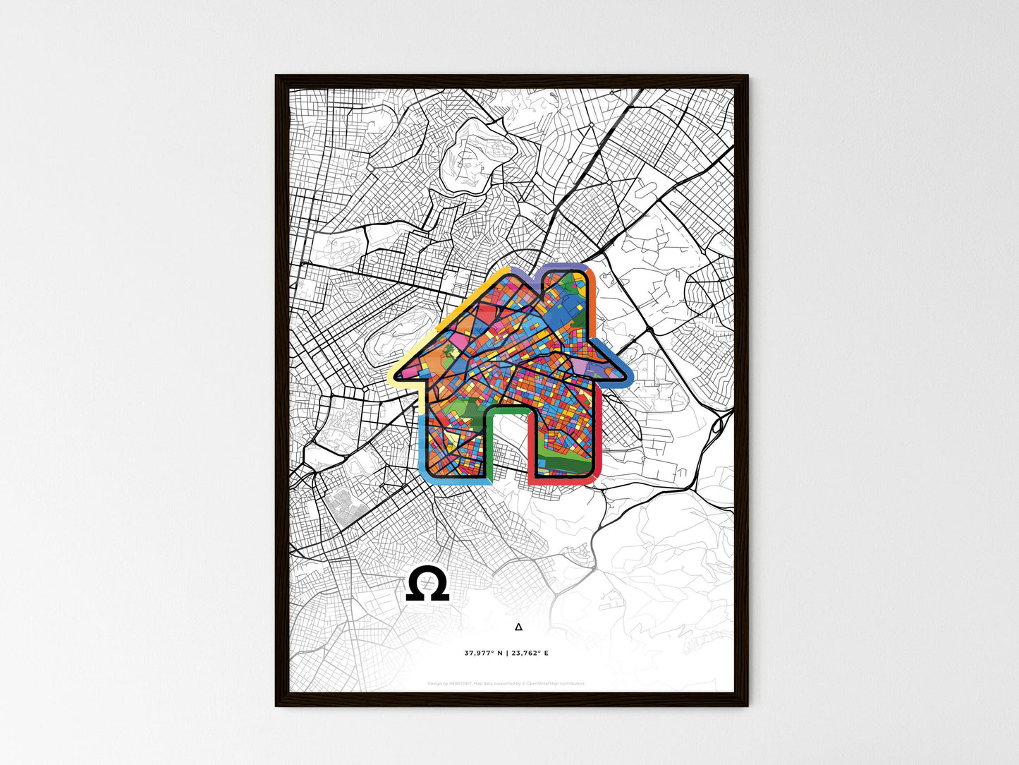 ZOGRAFOU GREECE minimal art map with a colorful icon. Where it all began, Couple map gift. Style 3