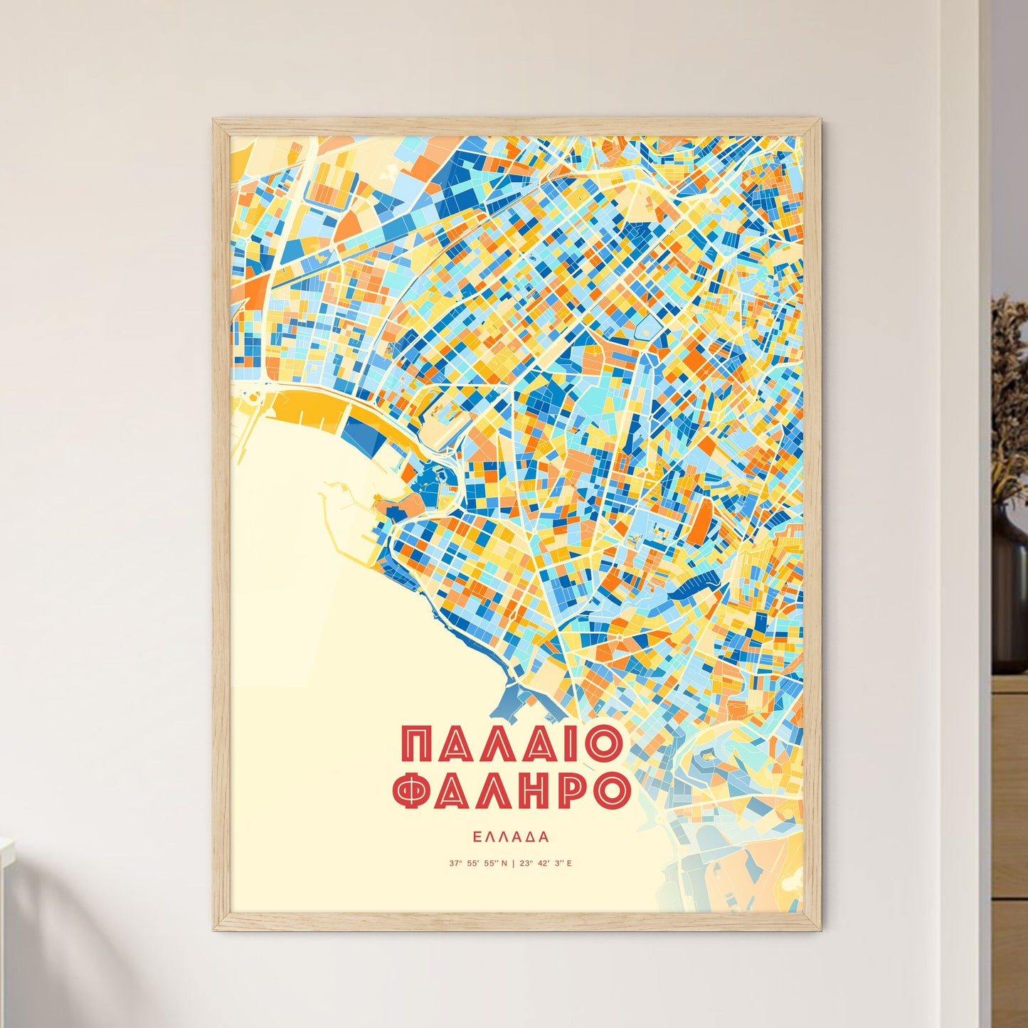 Colorful Palaio Faliro Greece Fine Art Map Blue Orange
