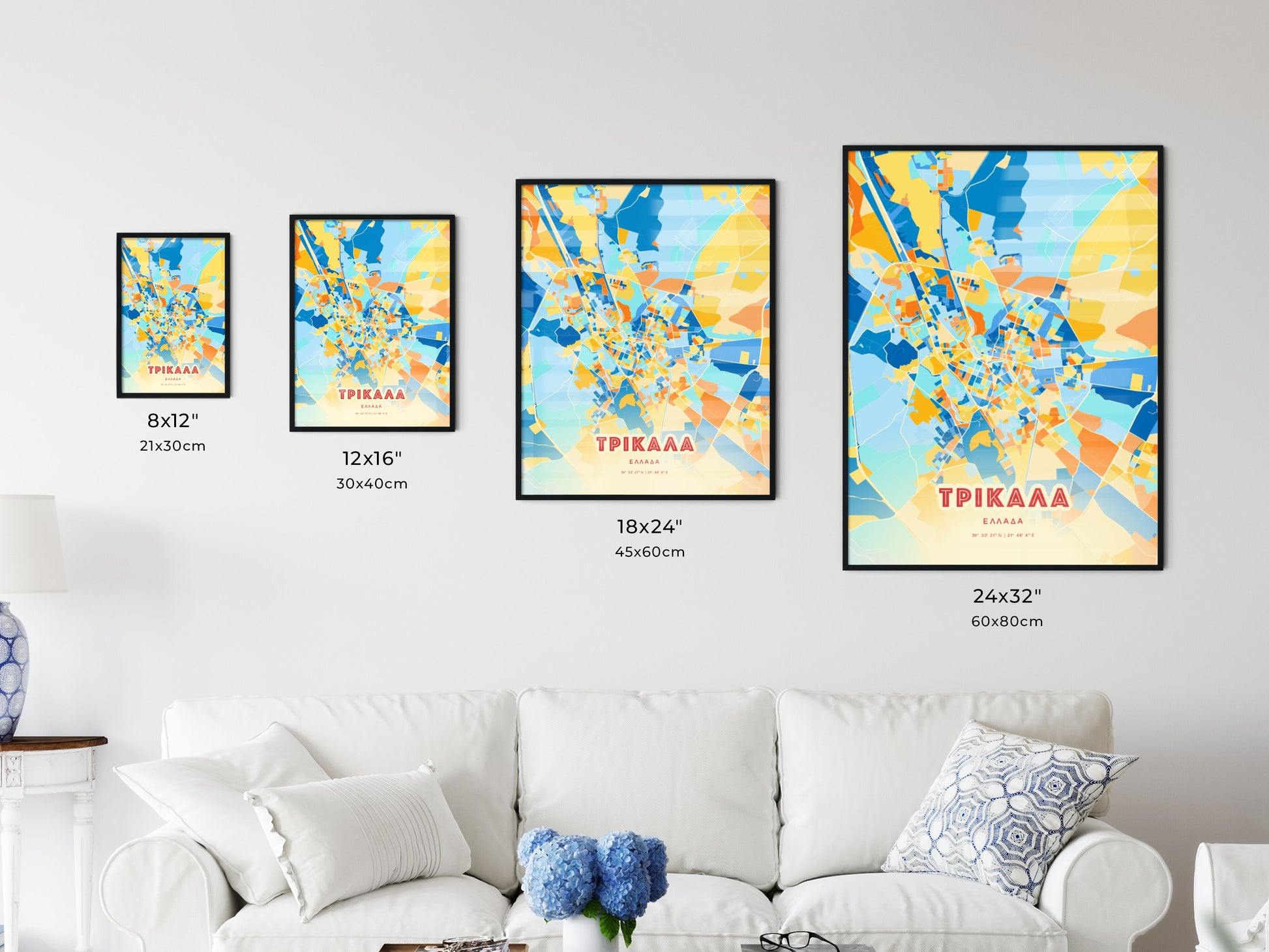 Colorful TRIKALA GREECE Fine Art Map Blue Orange