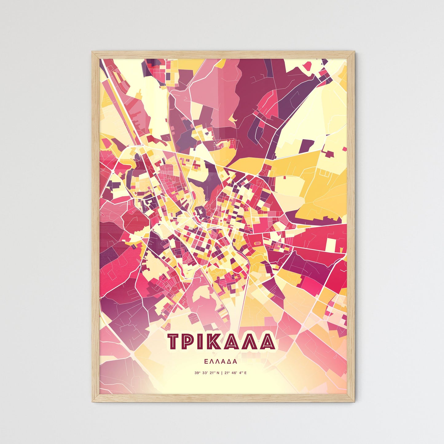 Colorful TRIKALA GREECE Fine Art Map Hot Red