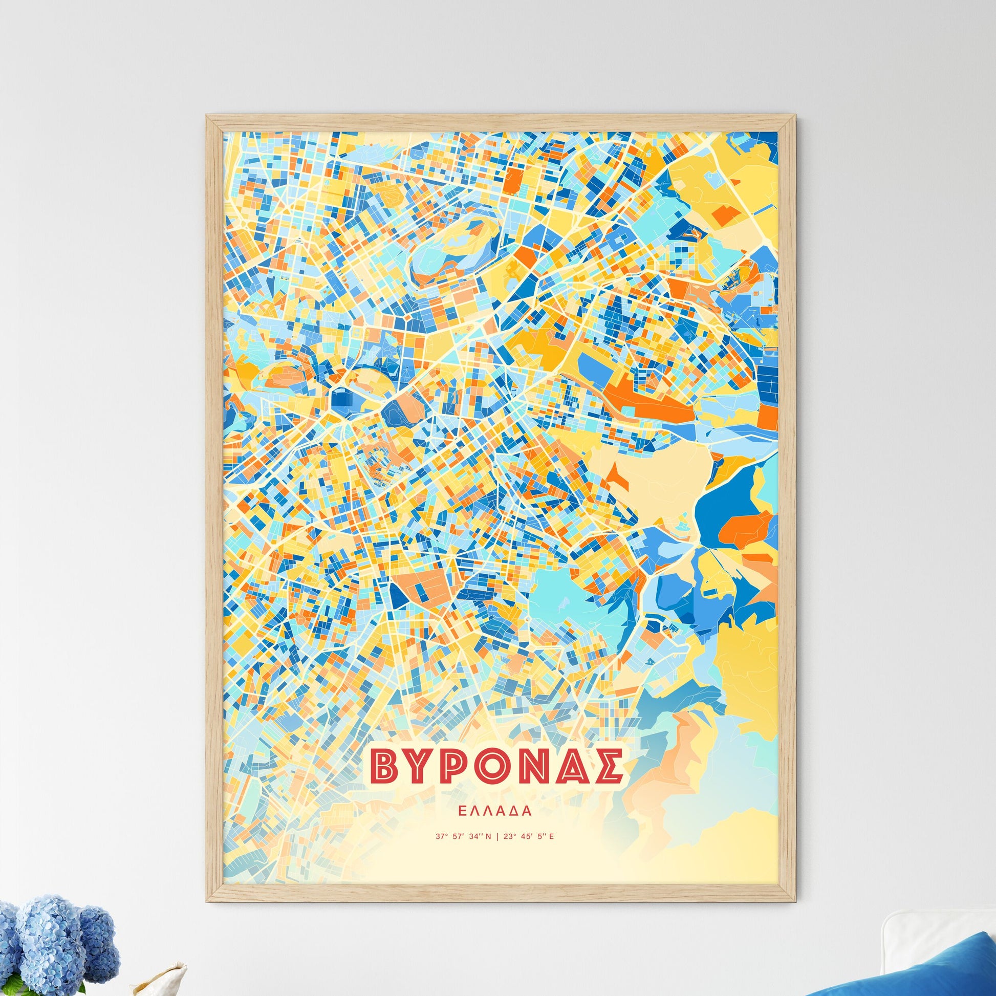 Colorful VYRONAS GREECE Fine Art Map Blue Orange