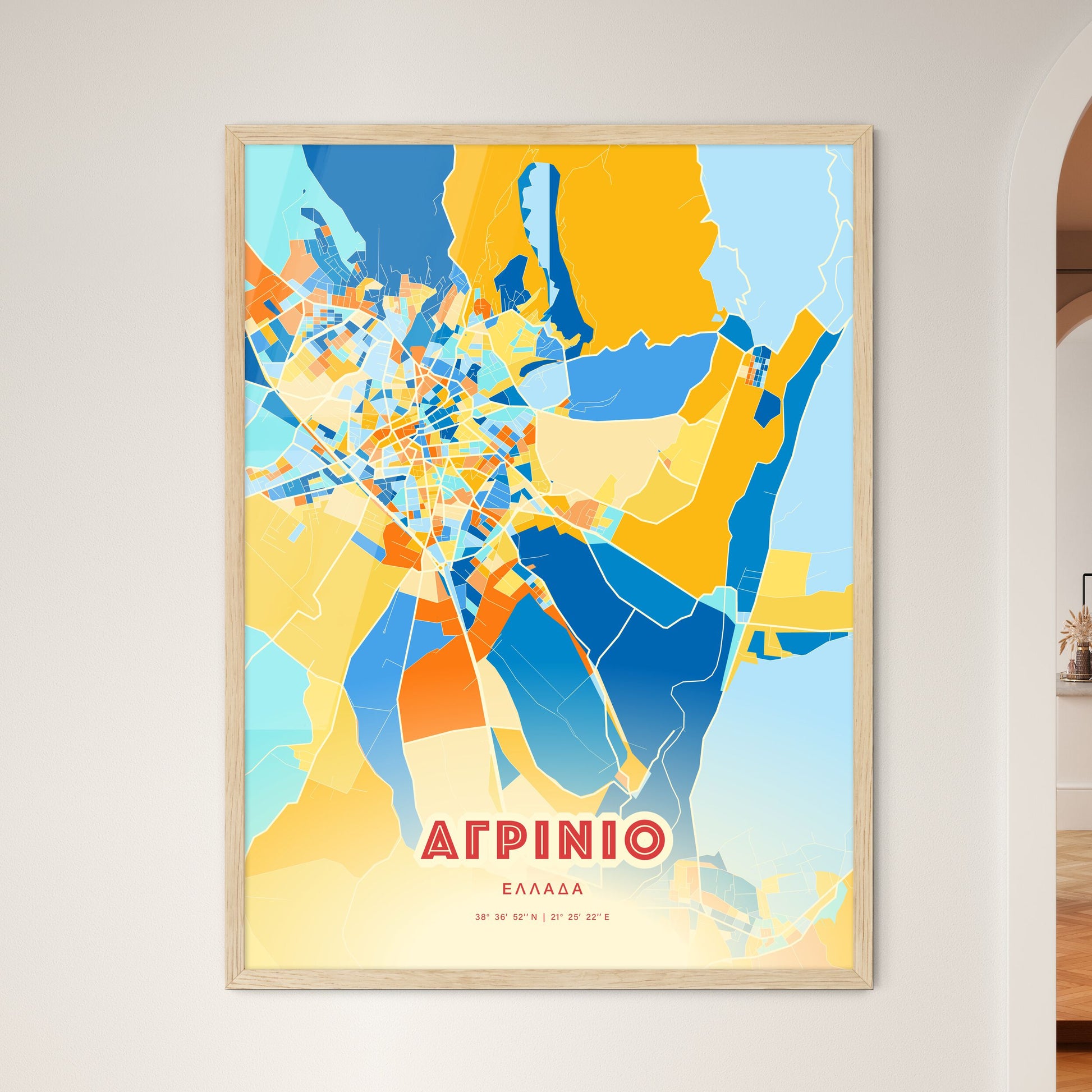 Colorful AGRINIO GREECE Fine Art Map Blue Orange