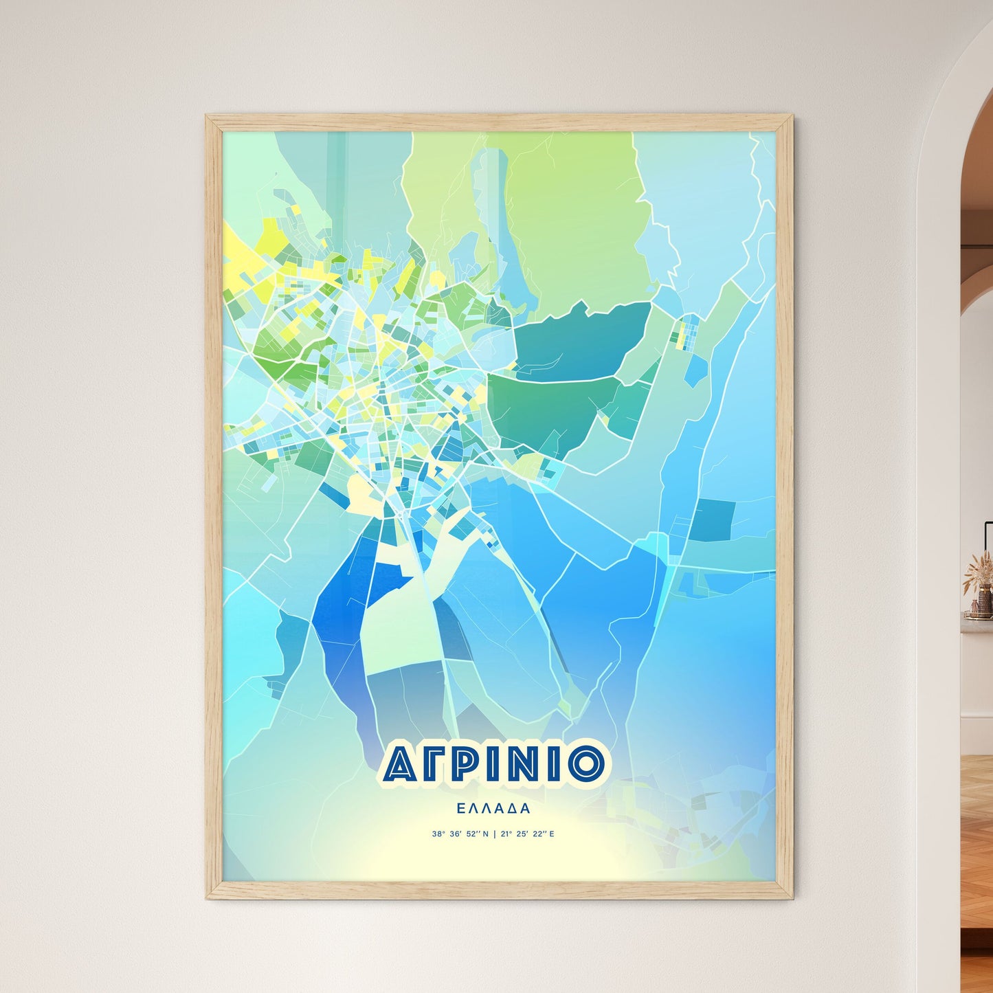 Colorful AGRINIO GREECE Fine Art Map Cool Blue