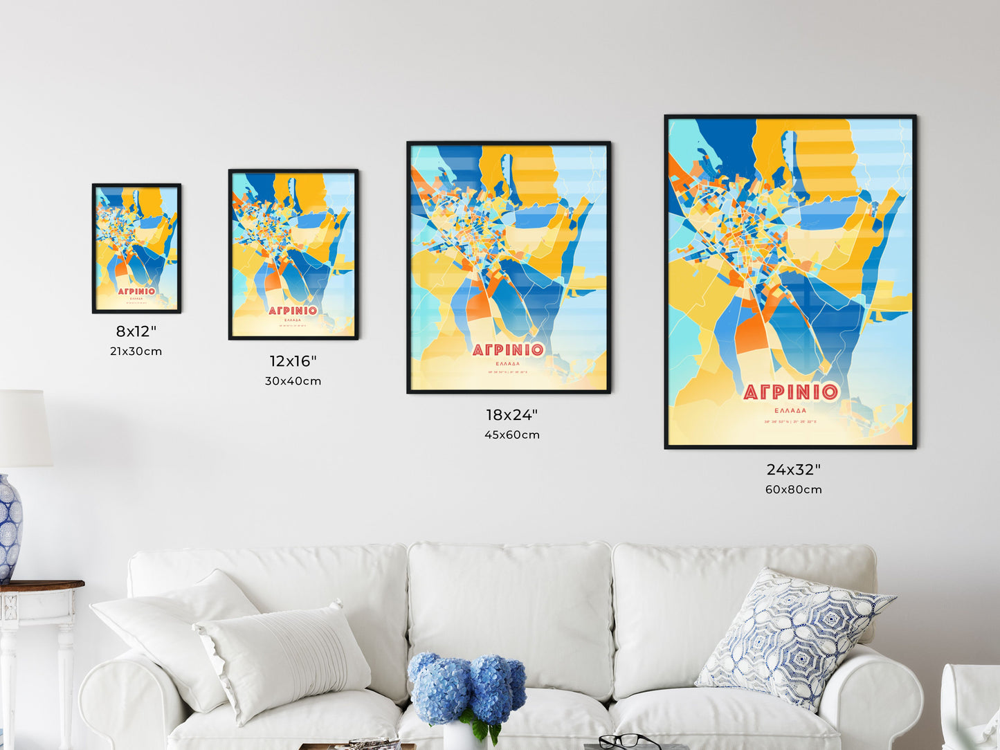 Colorful AGRINIO GREECE Fine Art Map Blue Orange