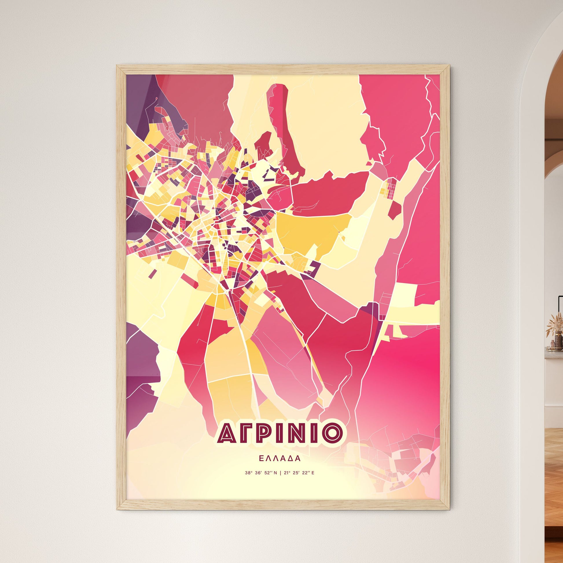 Colorful AGRINIO GREECE Fine Art Map Hot Red