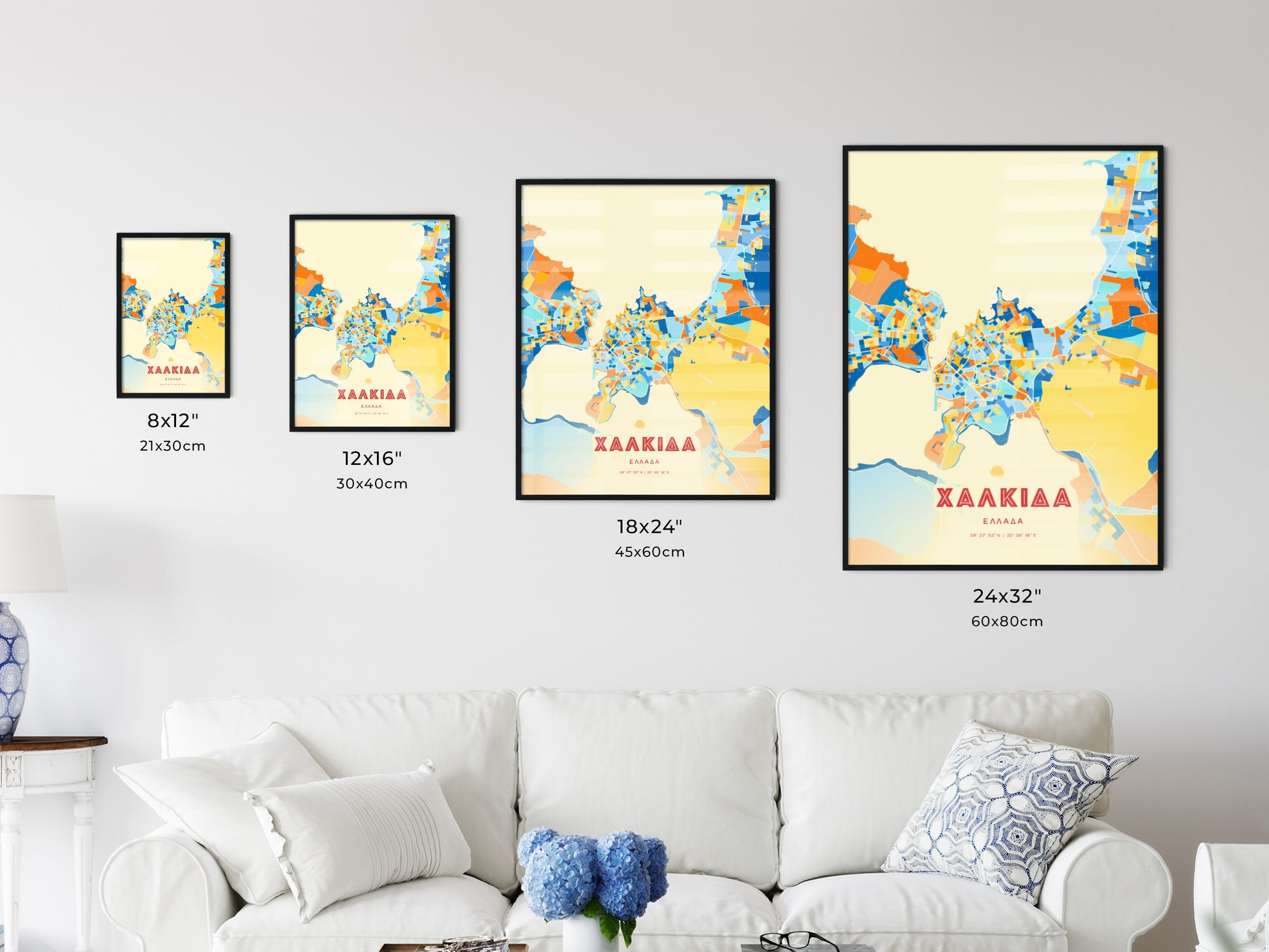 Colorful CHALCIS GREECE Fine Art Map Blue Orange