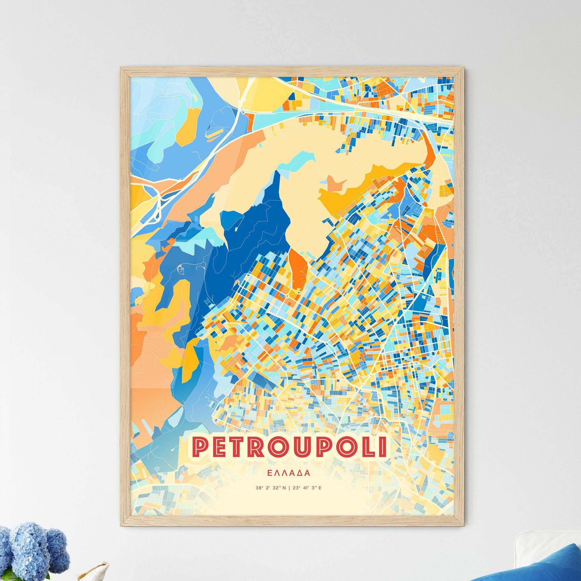 Colorful Petroupoli Greece Fine Art Map Blue Orange