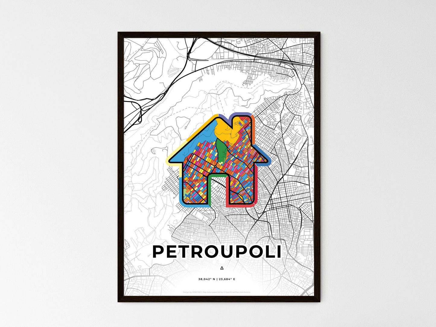 Petroupoli Greece wedding art map with home icon