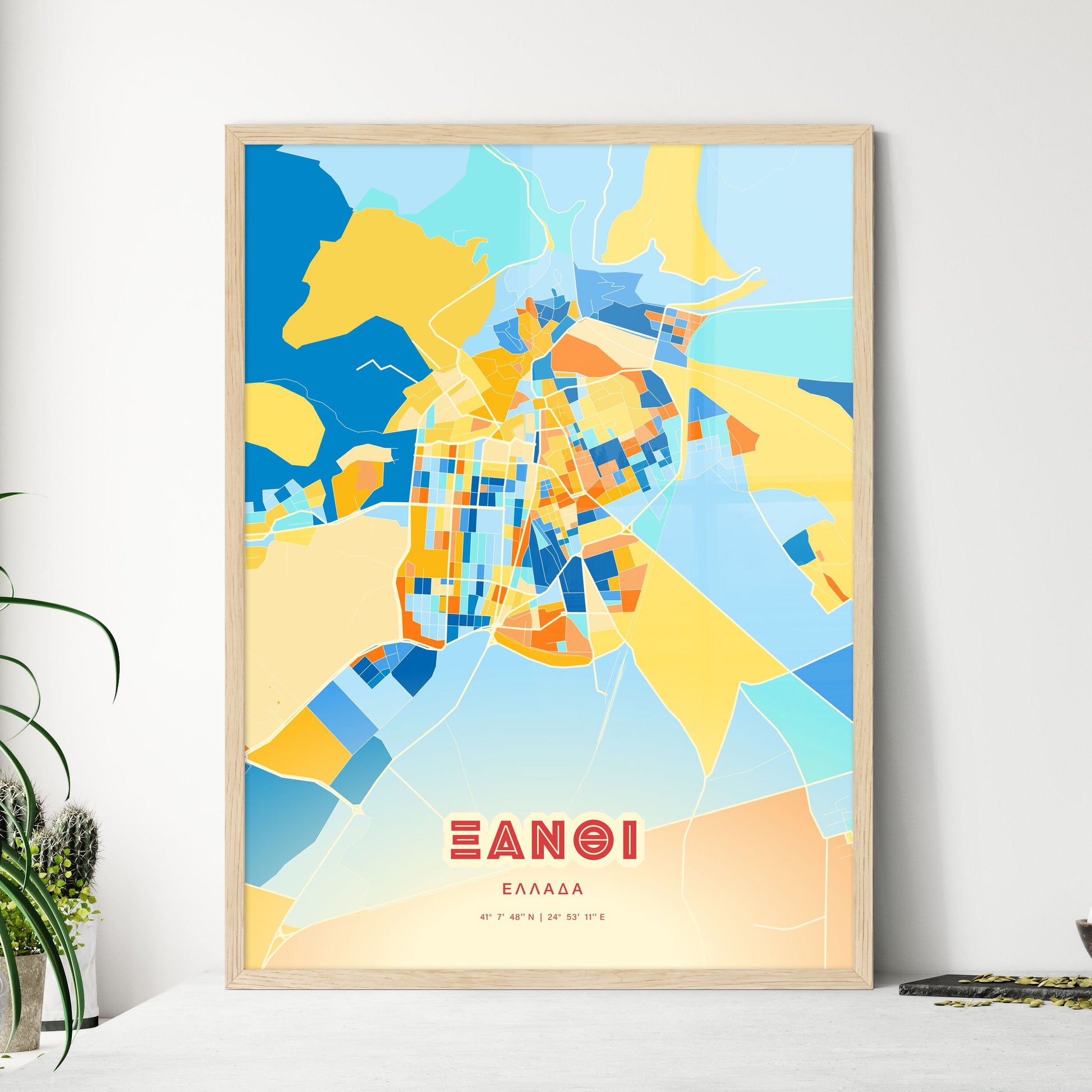 Colorful XANTHI GREECE Fine Art Map Blue Orange