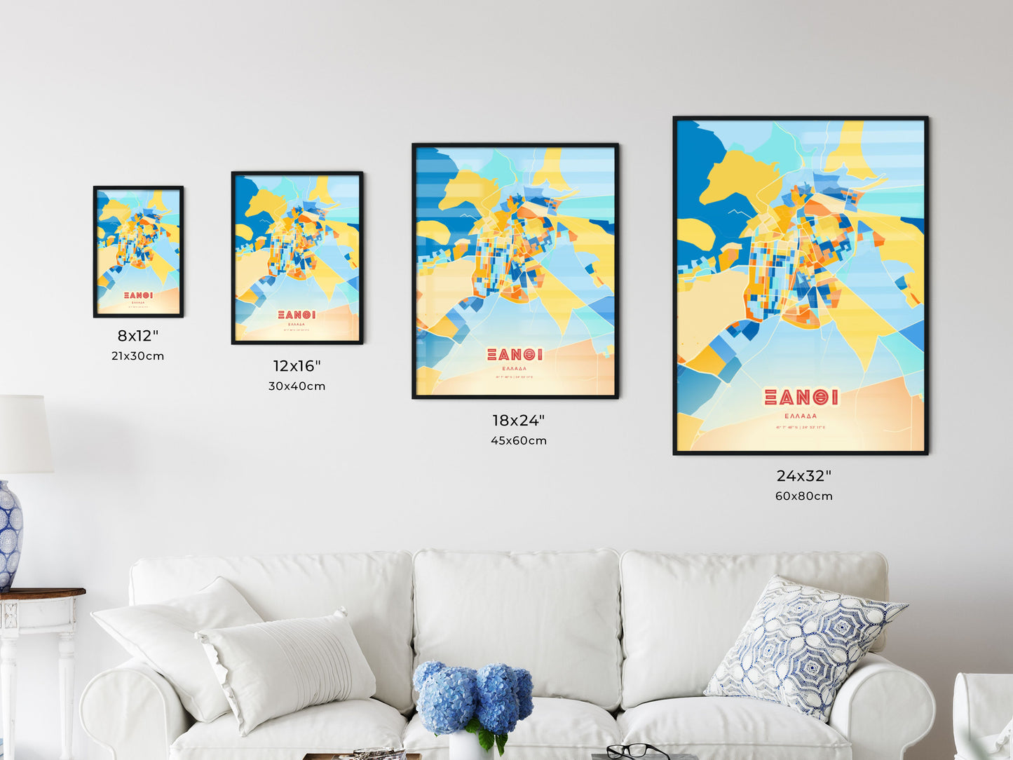 Colorful XANTHI GREECE Fine Art Map Blue Orange