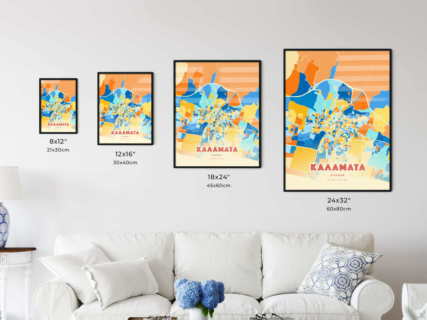 Colorful KALAMATA GREECE Fine Art Map Blue Orange